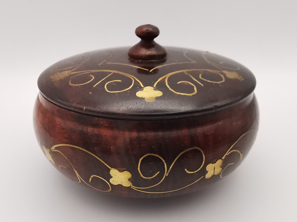 Vintage Indian Hardwood Brass Inlay Trinket Pot