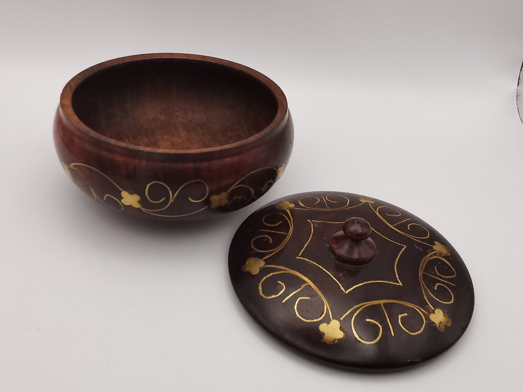 Vintage Indian Hardwood Brass Inlay Trinket Pot