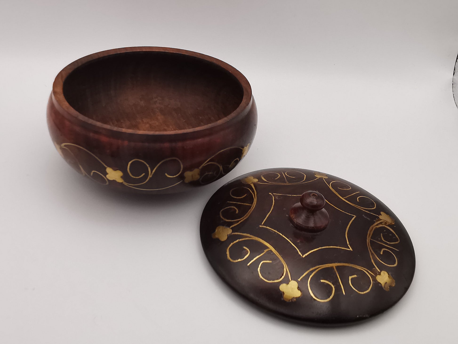 Vintage Indian Hardwood Brass Inlay Trinket Pot