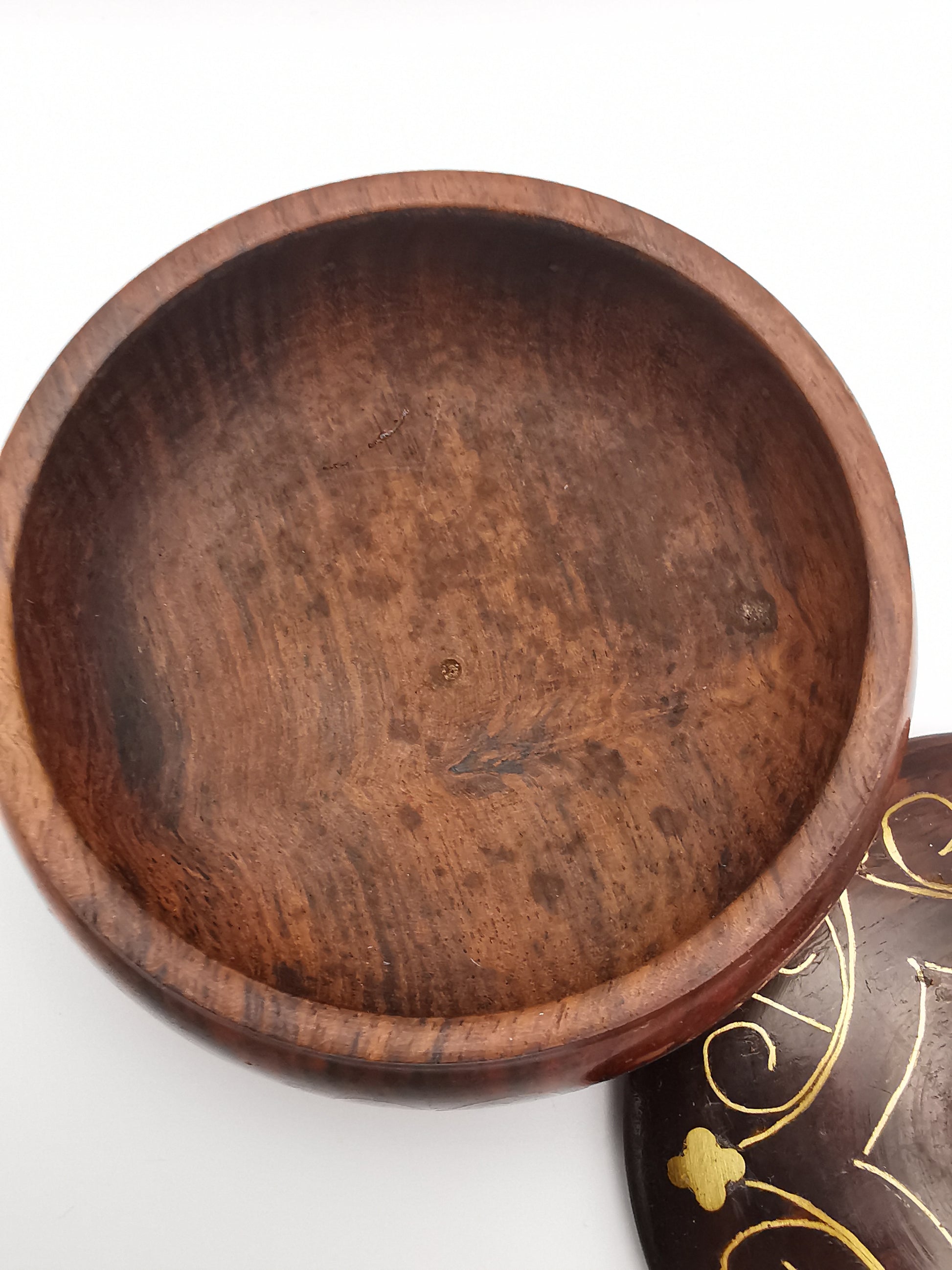 Vintage Indian Hardwood Brass Inlay Trinket Pot