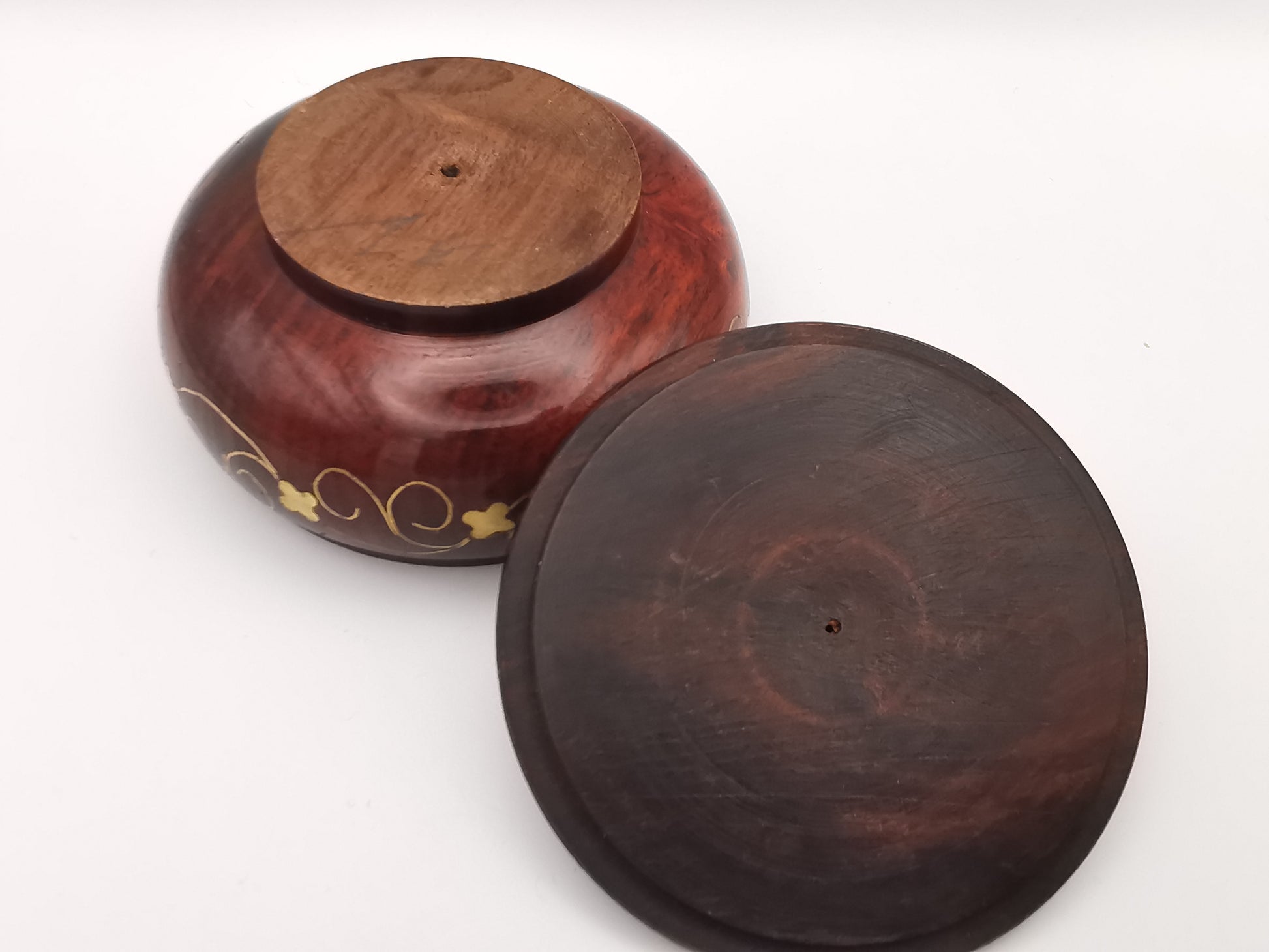 Vintage Indian Hardwood Brass Inlay Trinket Pot