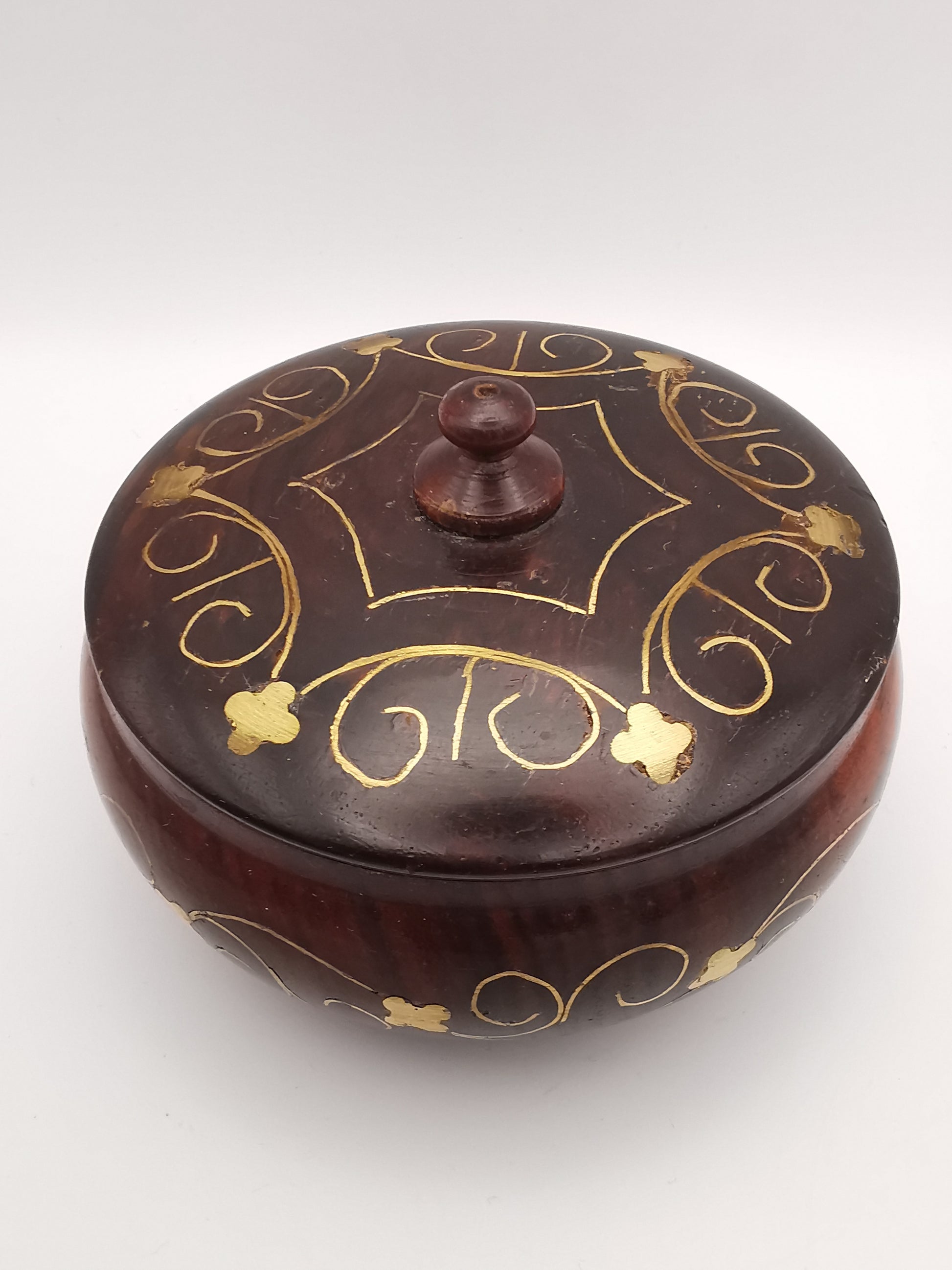 Vintage Indian Hardwood Brass Inlay Trinket Pot