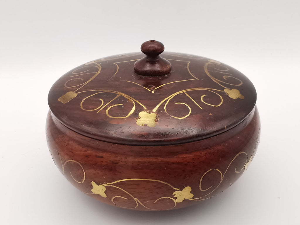 Vintage Indian Hardwood Brass Inlay Trinket Pot