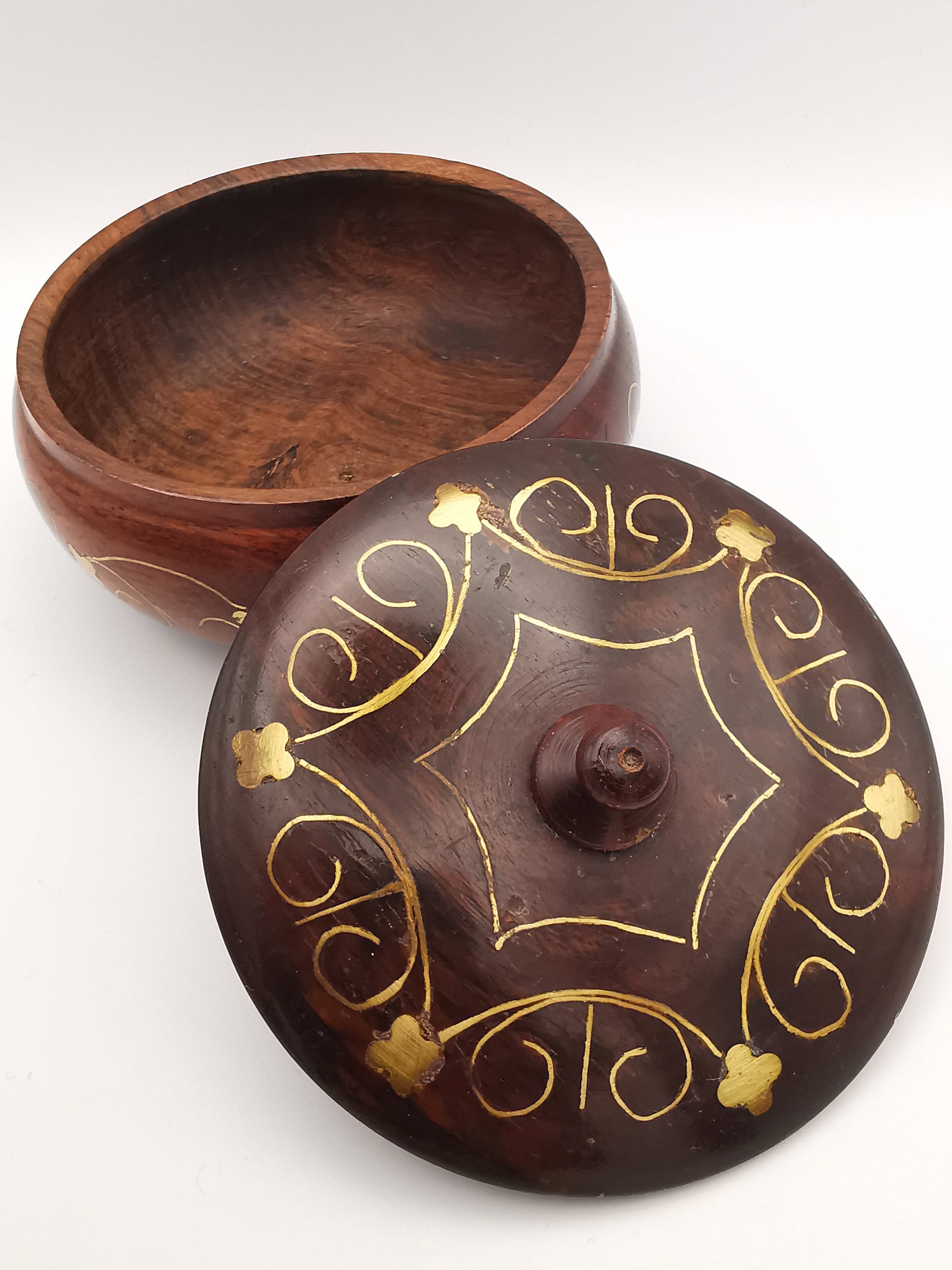 Vintage Indian Hardwood Brass Inlay Trinket Pot