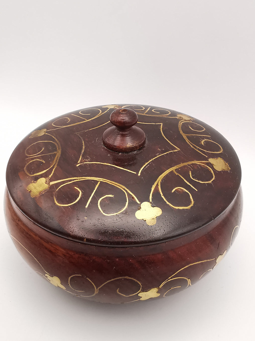 Vintage Indian Hardwood Brass Inlay Trinket Pot