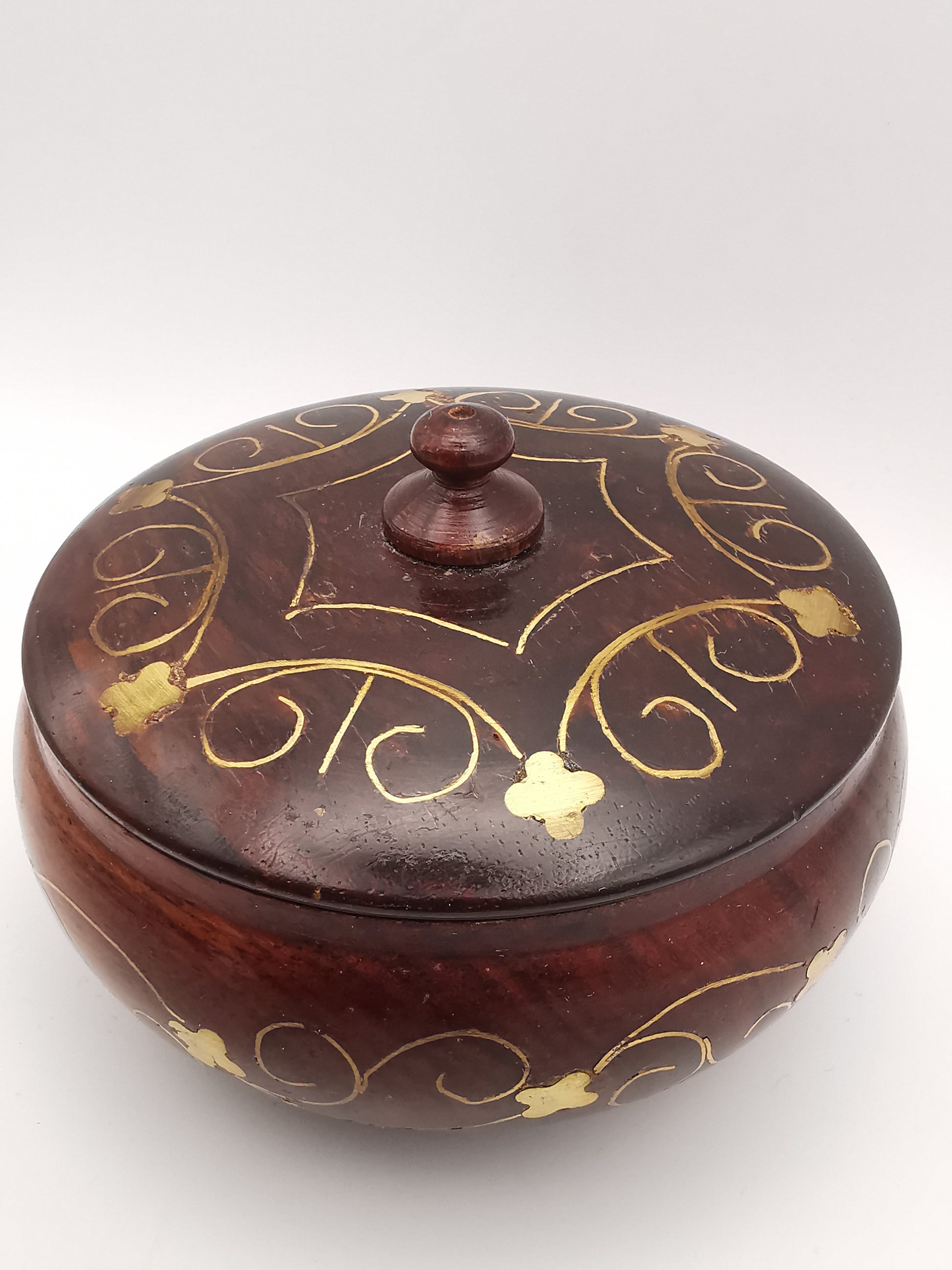 Vintage Indian Hardwood Brass Inlay Trinket Pot