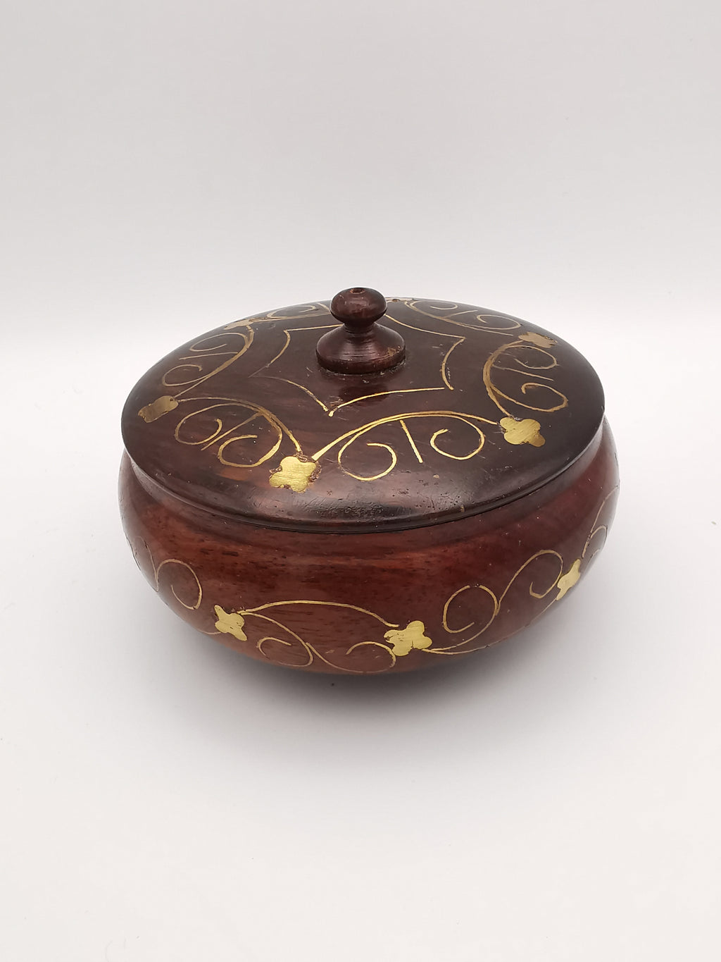 Vintage Indian Hardwood Brass Inlay Trinket Pot