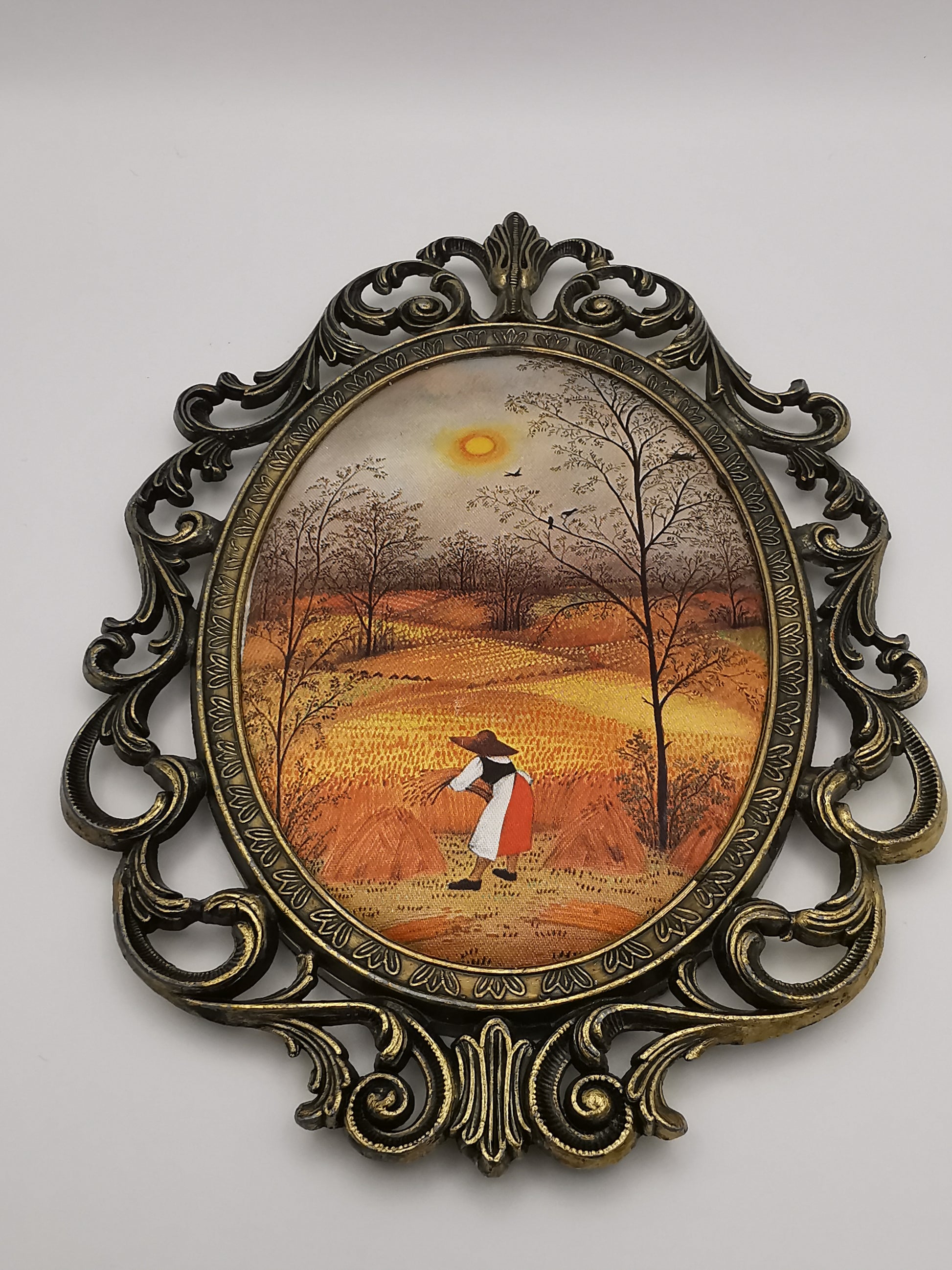 Vintage Italian Silk Print "Harvest" Art in Ornate Brass Oval Frame, Four Seasons Part -Autumn