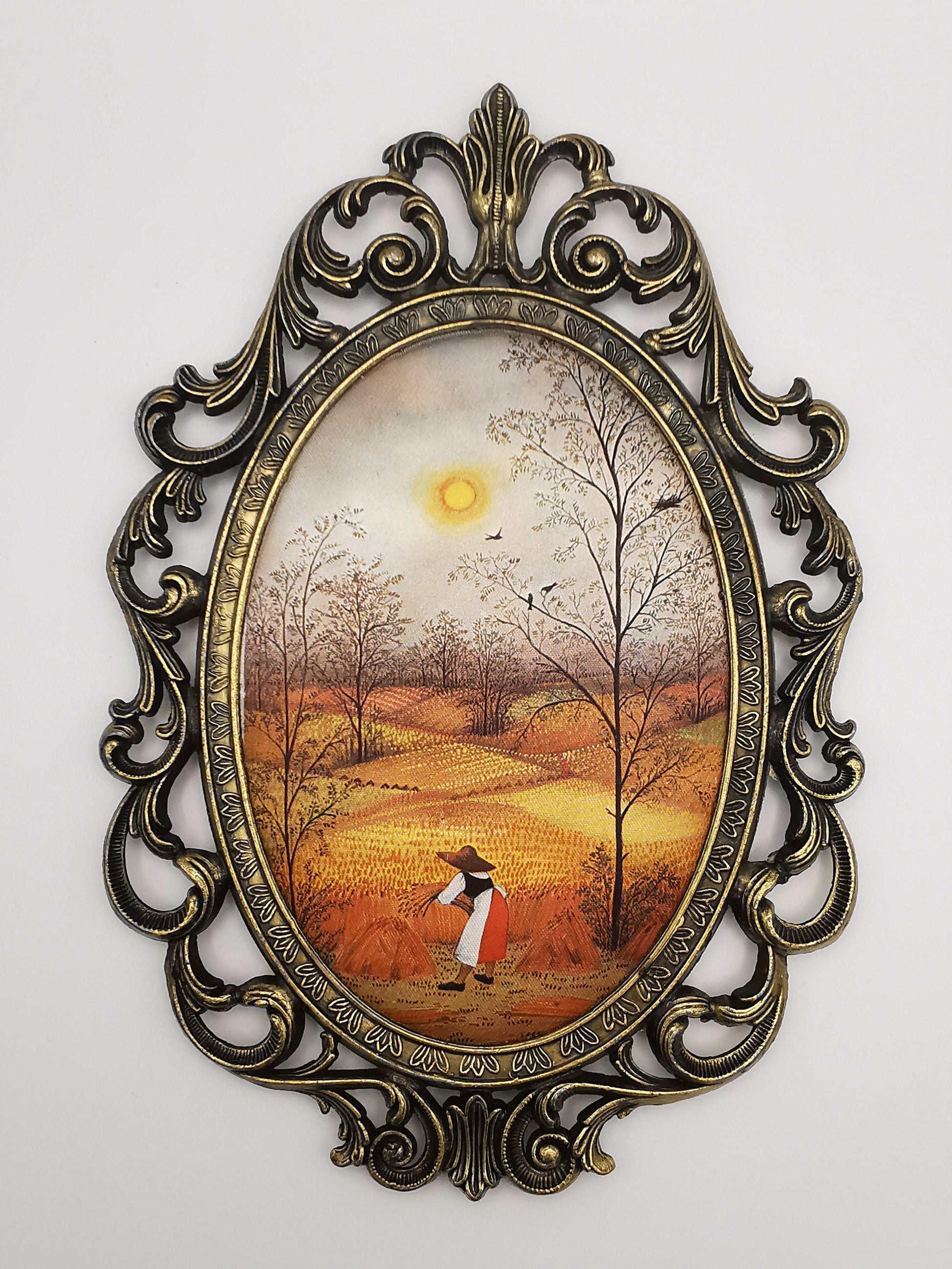 Vintage Italian Silk Print "Harvest" Art in Ornate Brass Oval Frame, Four Seasons Part -Autumn