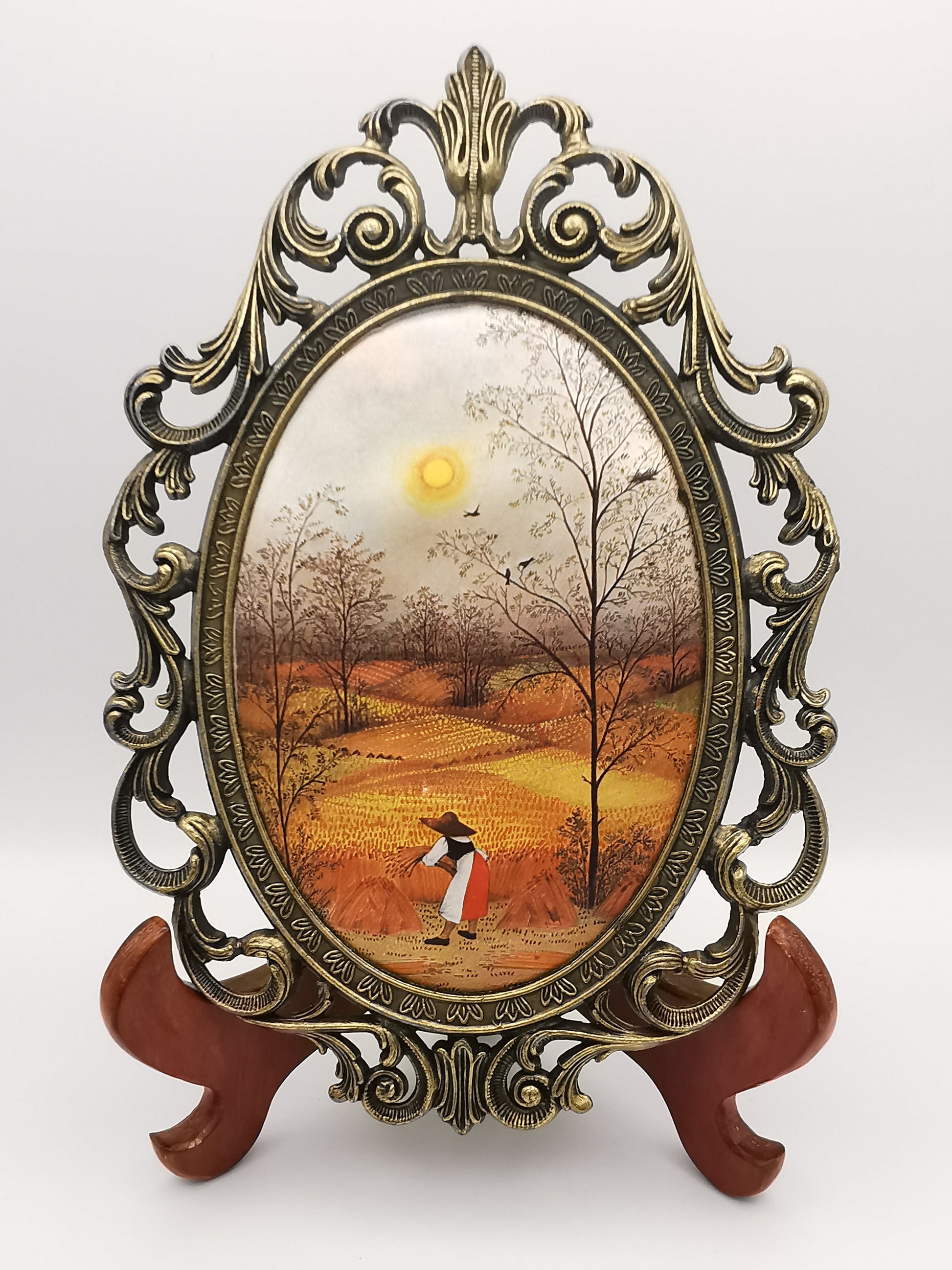 Vintage Italian Silk Print "Harvest" Art in Ornate Brass Oval Frame, Four Seasons Part -Autumn