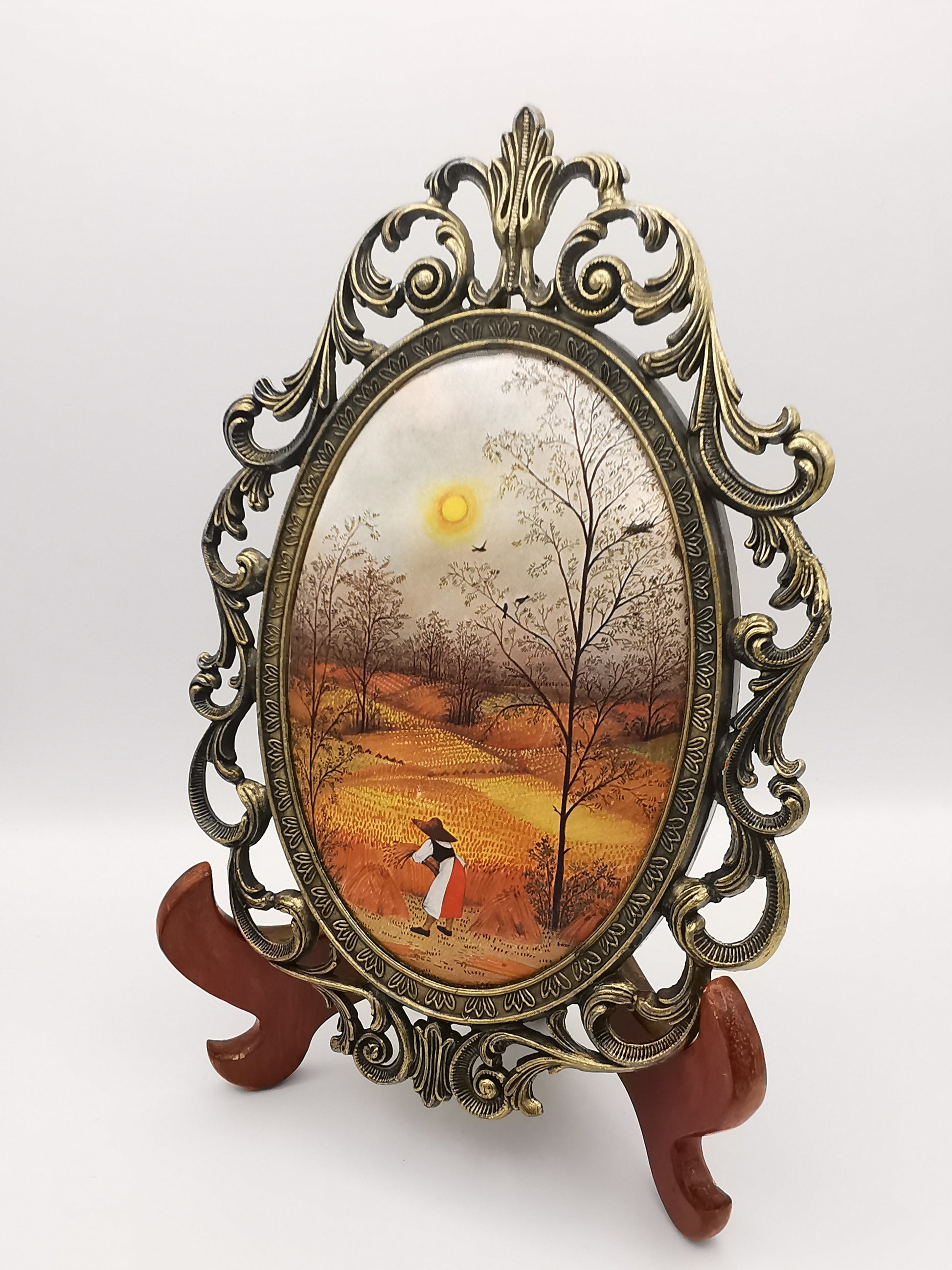 Vintage Italian Silk Print "Harvest" Art in Ornate Brass Oval Frame, Four Seasons Part -Autumn