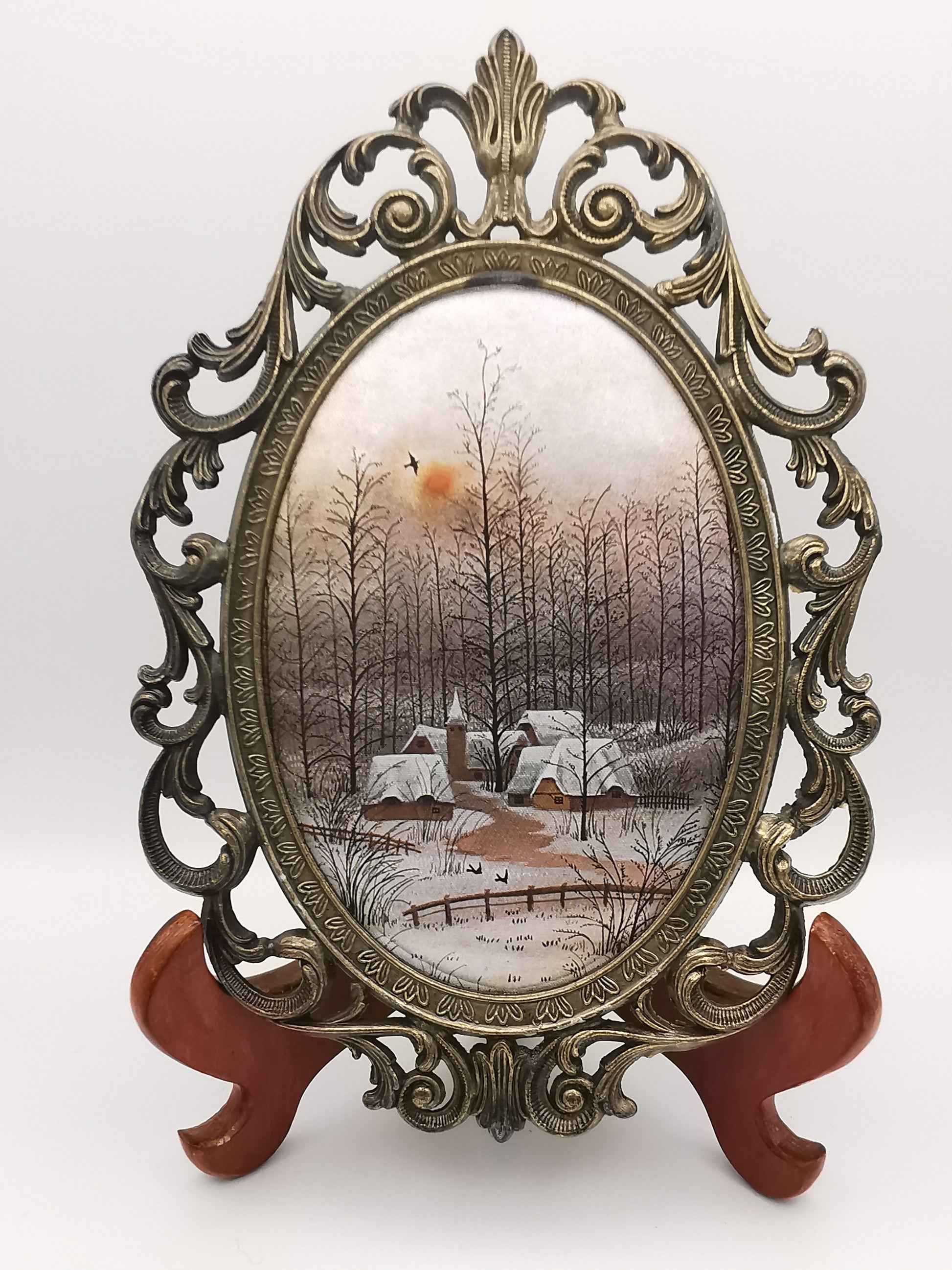 Vintage Italian Silk Print Art in Ornate Brass Oval Frame, Four Seasons Part- Winter