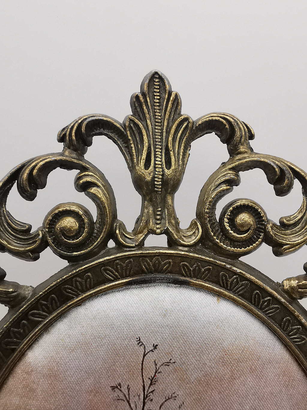 Vintage Italian Silk Print Art in Ornate Brass Oval Frame, Four Seasons Part- Winter