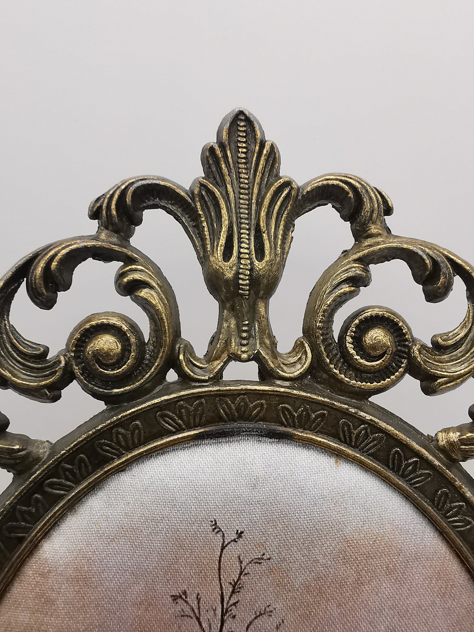 Vintage Italian Silk Print Art in Ornate Brass Oval Frame, Four Seasons Part- Winter