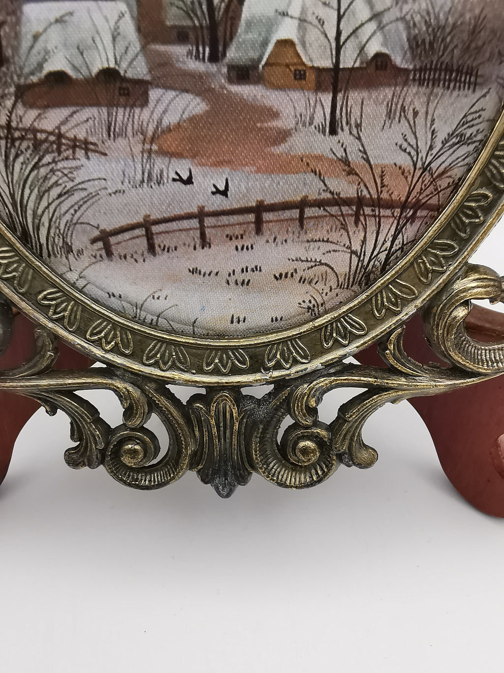 Vintage Italian Silk Print Art in Ornate Brass Oval Frame, Four Seasons Part- Winter