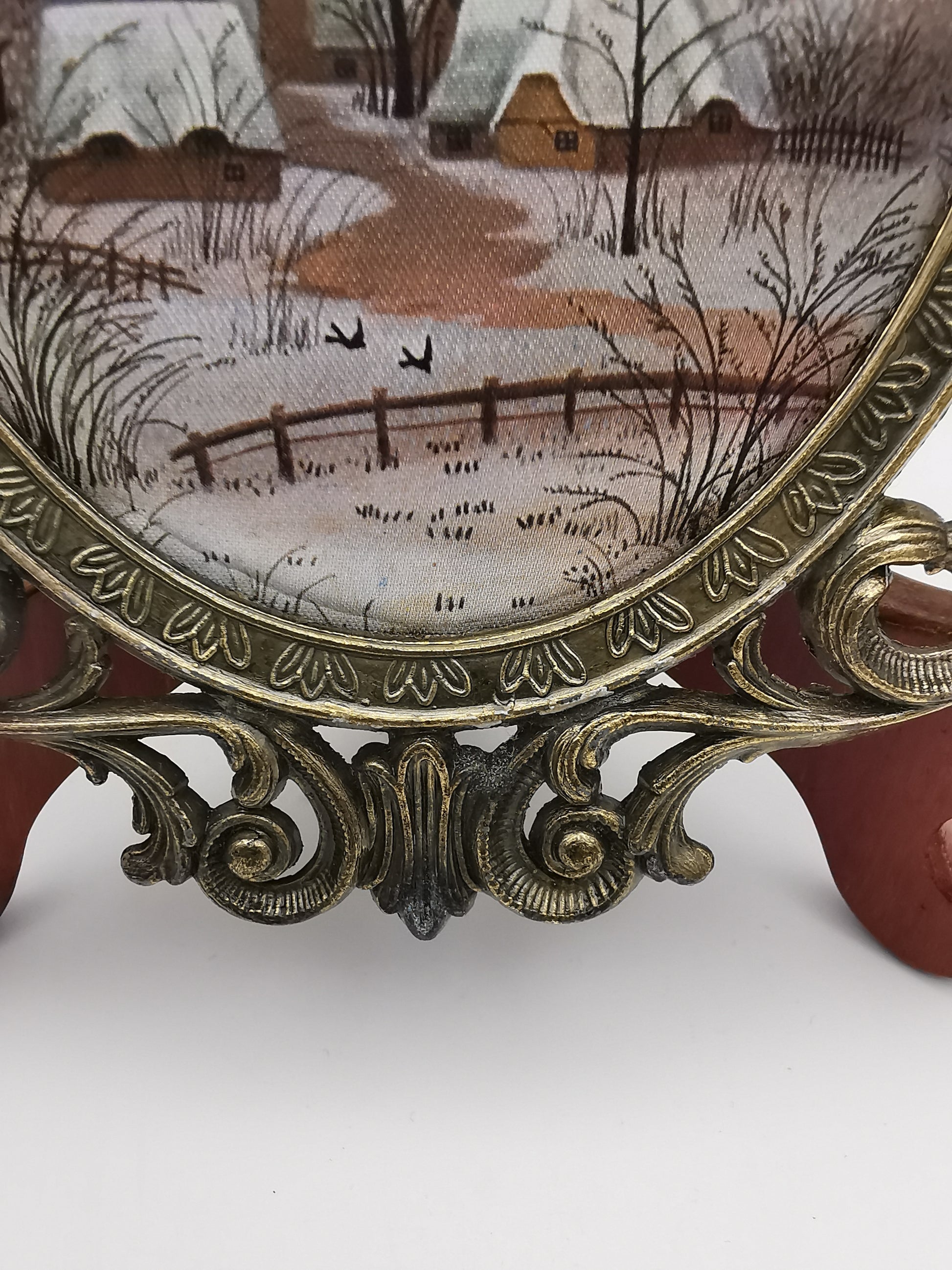 Vintage Italian Silk Print Art in Ornate Brass Oval Frame, Four Seasons Part- Winter
