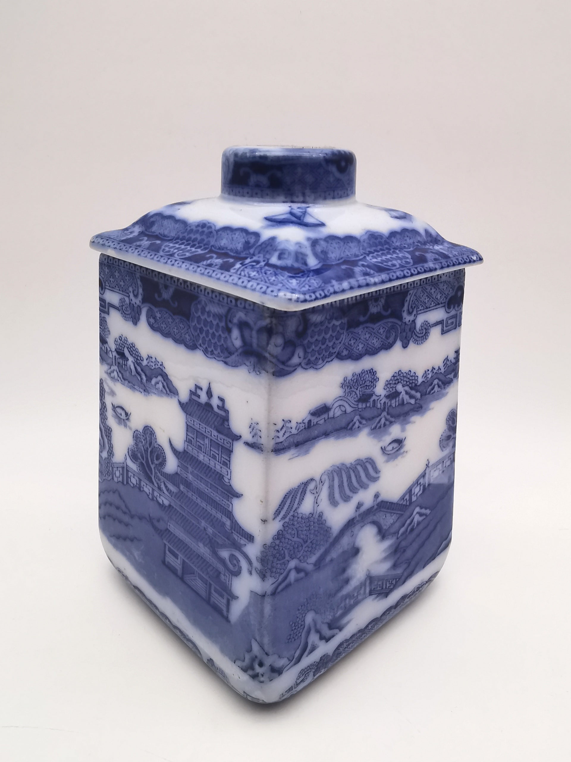 Ringtons Blue Willow Ceramic Tea Caddy / Biscuit Jar "Two Temples" Pattern