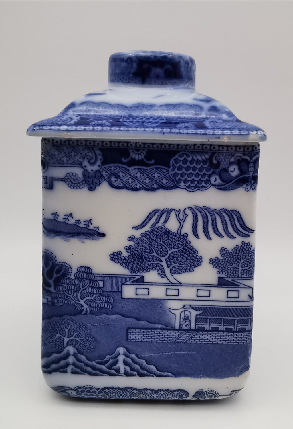 Ringtons Blue Willow Ceramic Tea Caddy / Biscuit Jar "Two Temples" Pattern