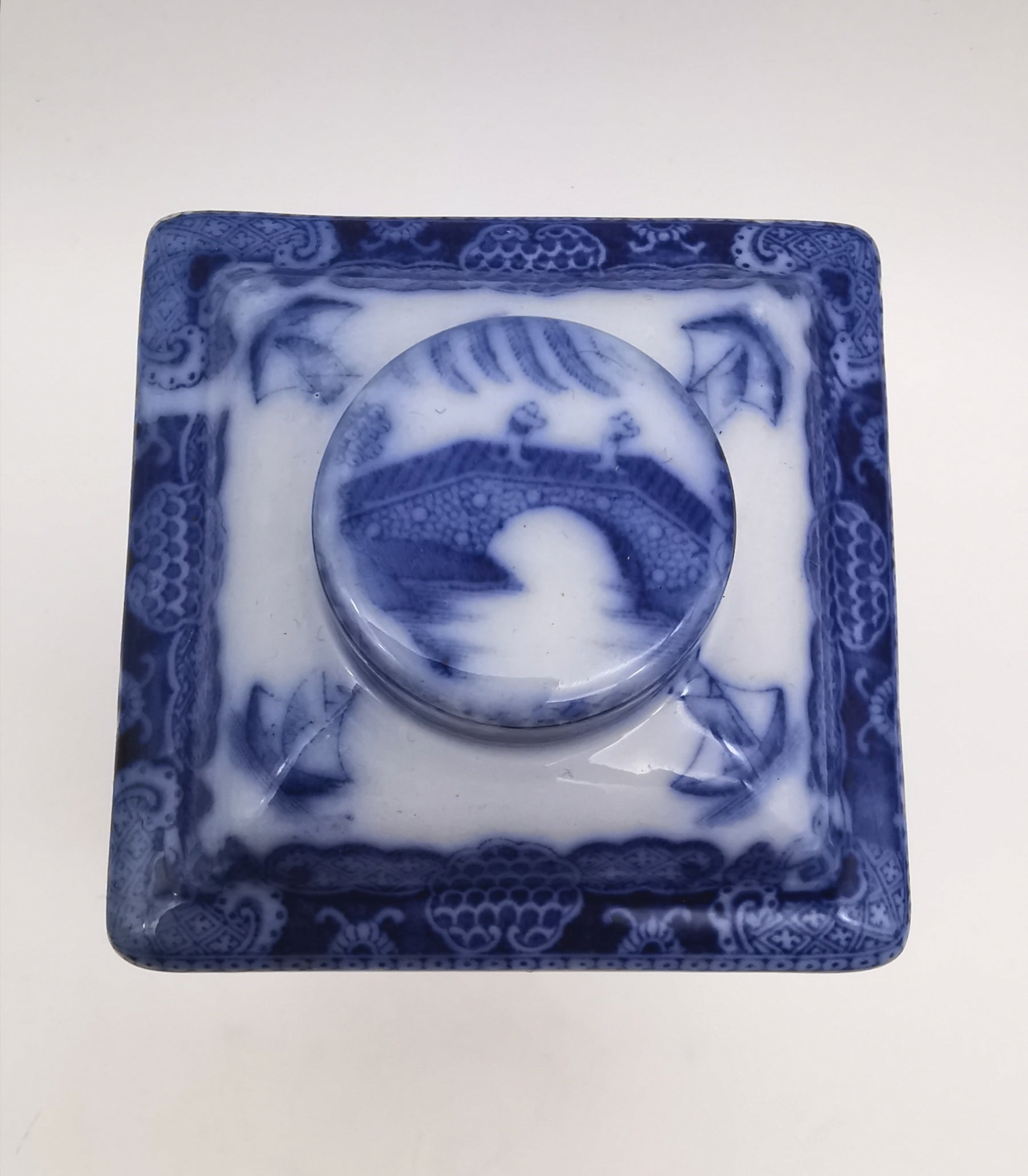 Ringtons Blue Willow Ceramic Tea Caddy / Biscuit Jar "Two Temples" Pattern