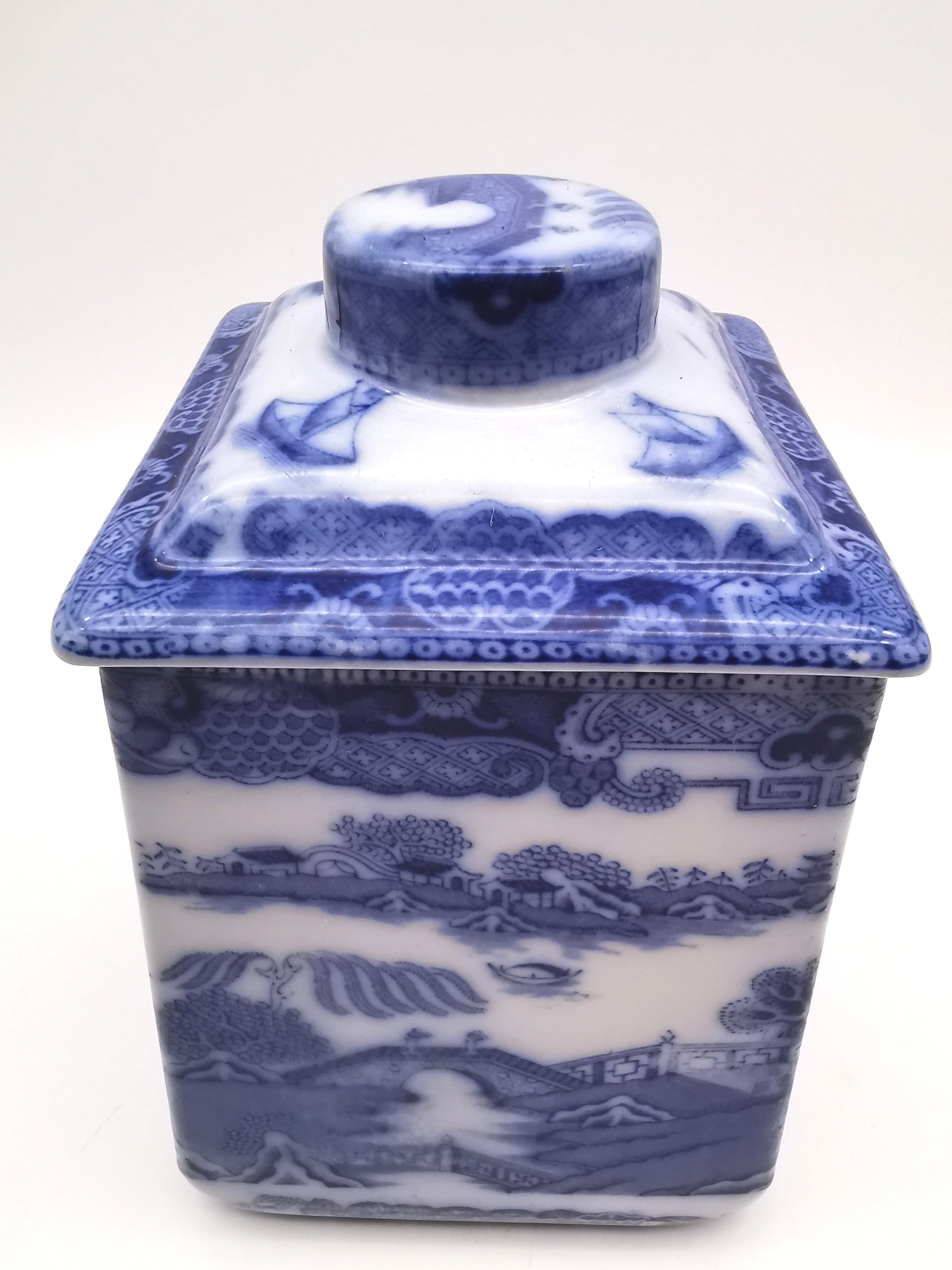 Ringtons Blue Willow Ceramic Tea Caddy / Biscuit Jar "Two Temples" Pattern