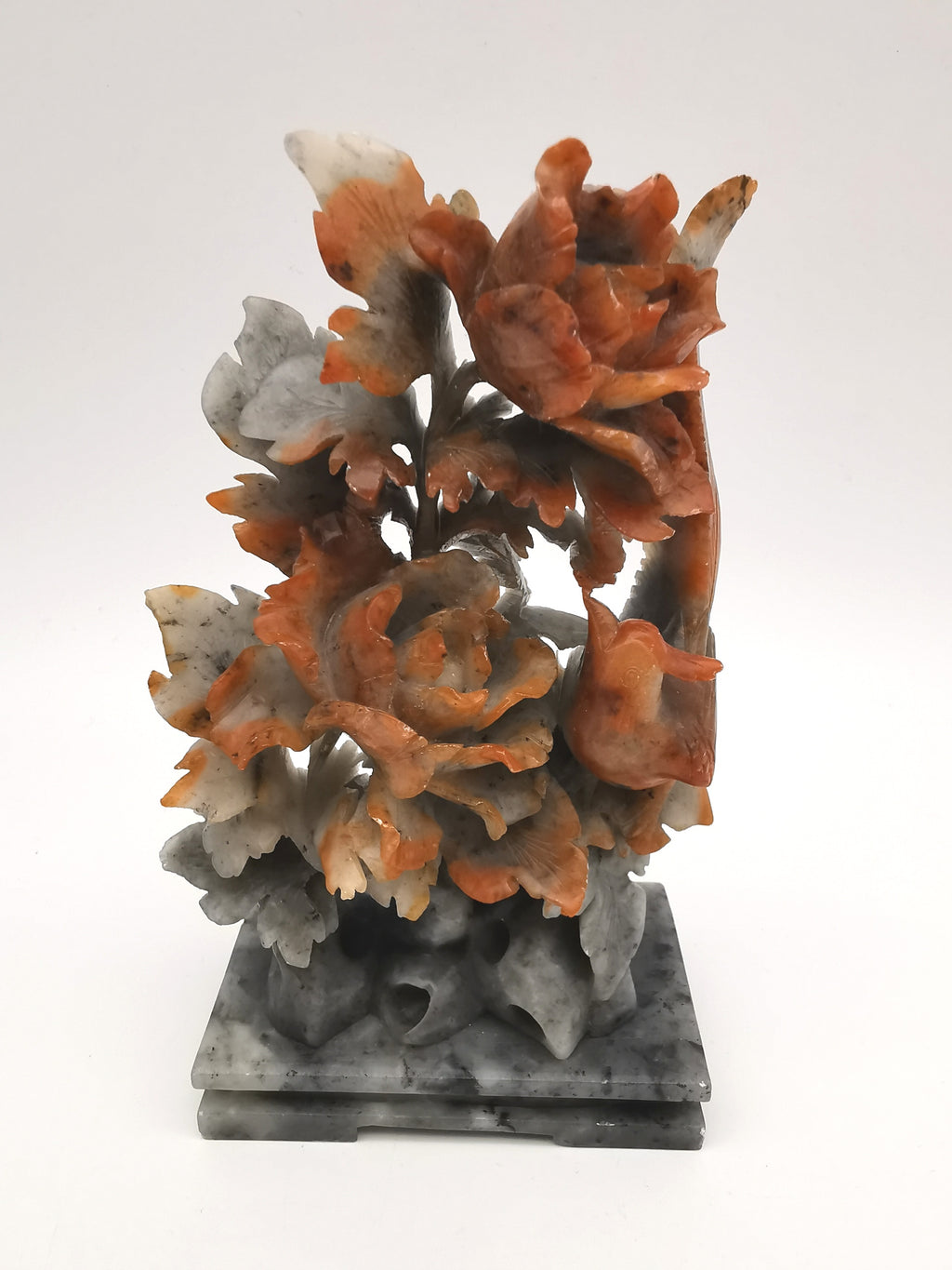 Vintage Chinese Hand-Carved Soapstone Sculpture – Peonies and Bird