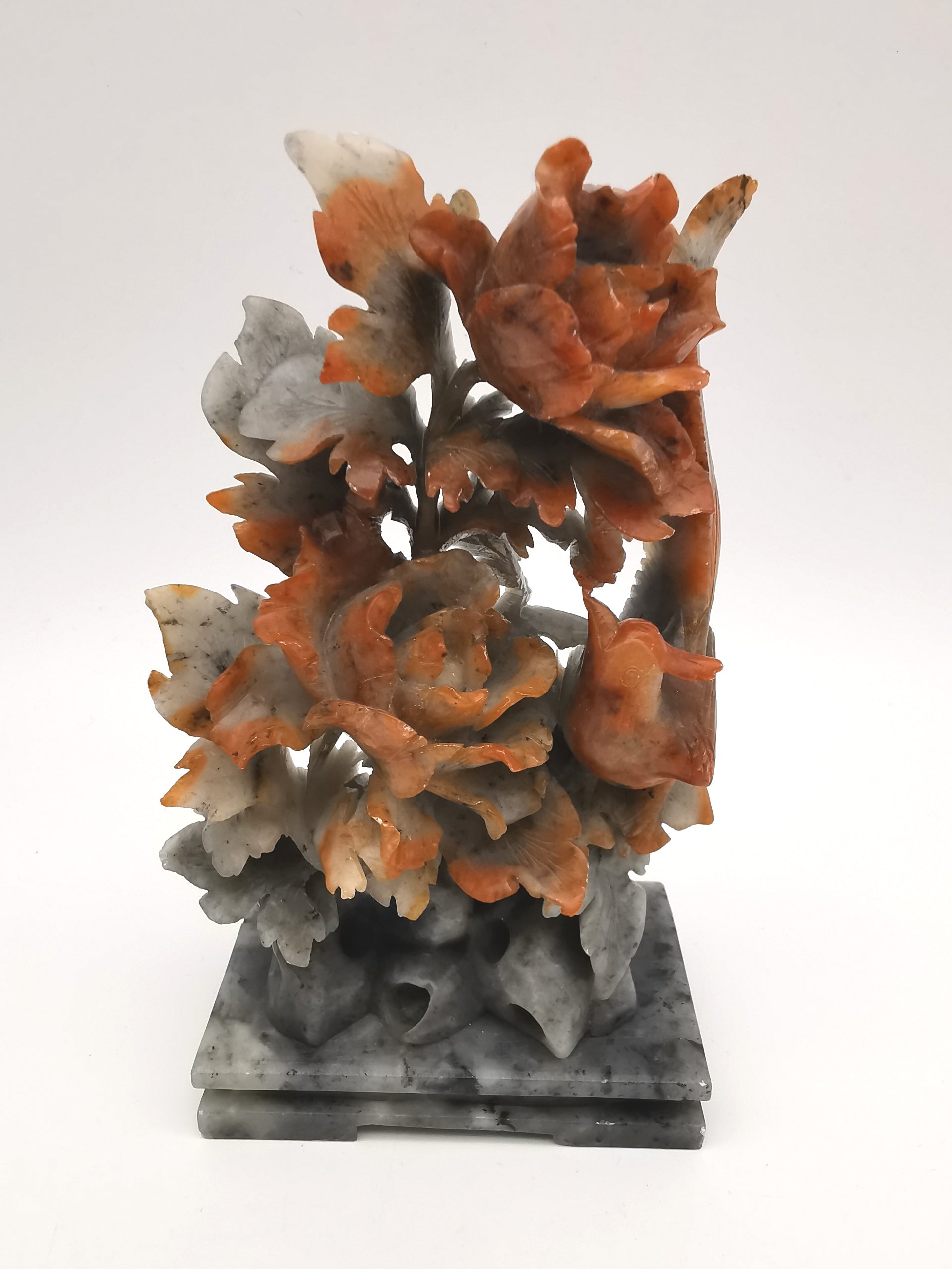Vintage Chinese Hand-Carved Soapstone Sculpture – Peonies and Bird