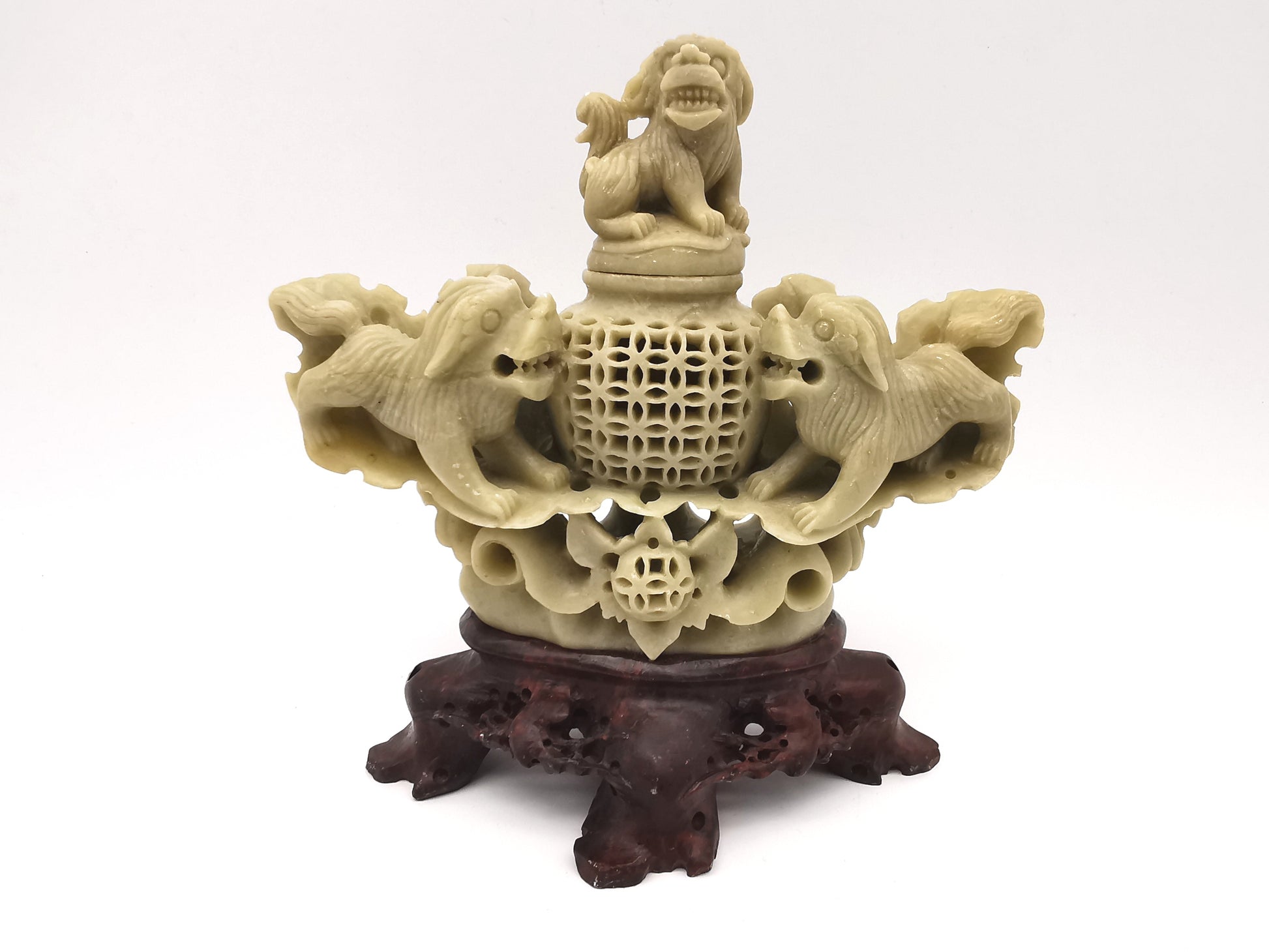 Vintage Chinese Hand-Carved Soapstone Foo Dog Incense Burner – 1.2kg Guardian Lion Censer