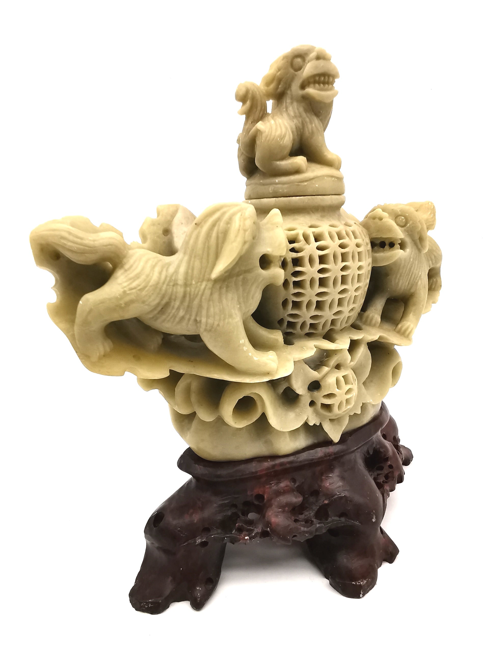 Vintage Chinese Hand-Carved Soapstone Foo Dog Incense Burner – 1.2kg Guardian Lion Censer