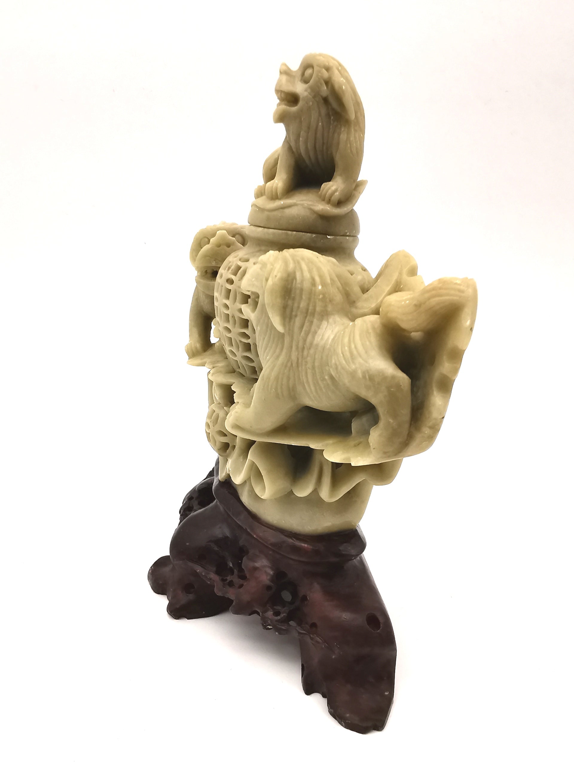 Vintage Chinese Hand-Carved Soapstone Foo Dog Incense Burner – 1.2kg Guardian Lion Censer