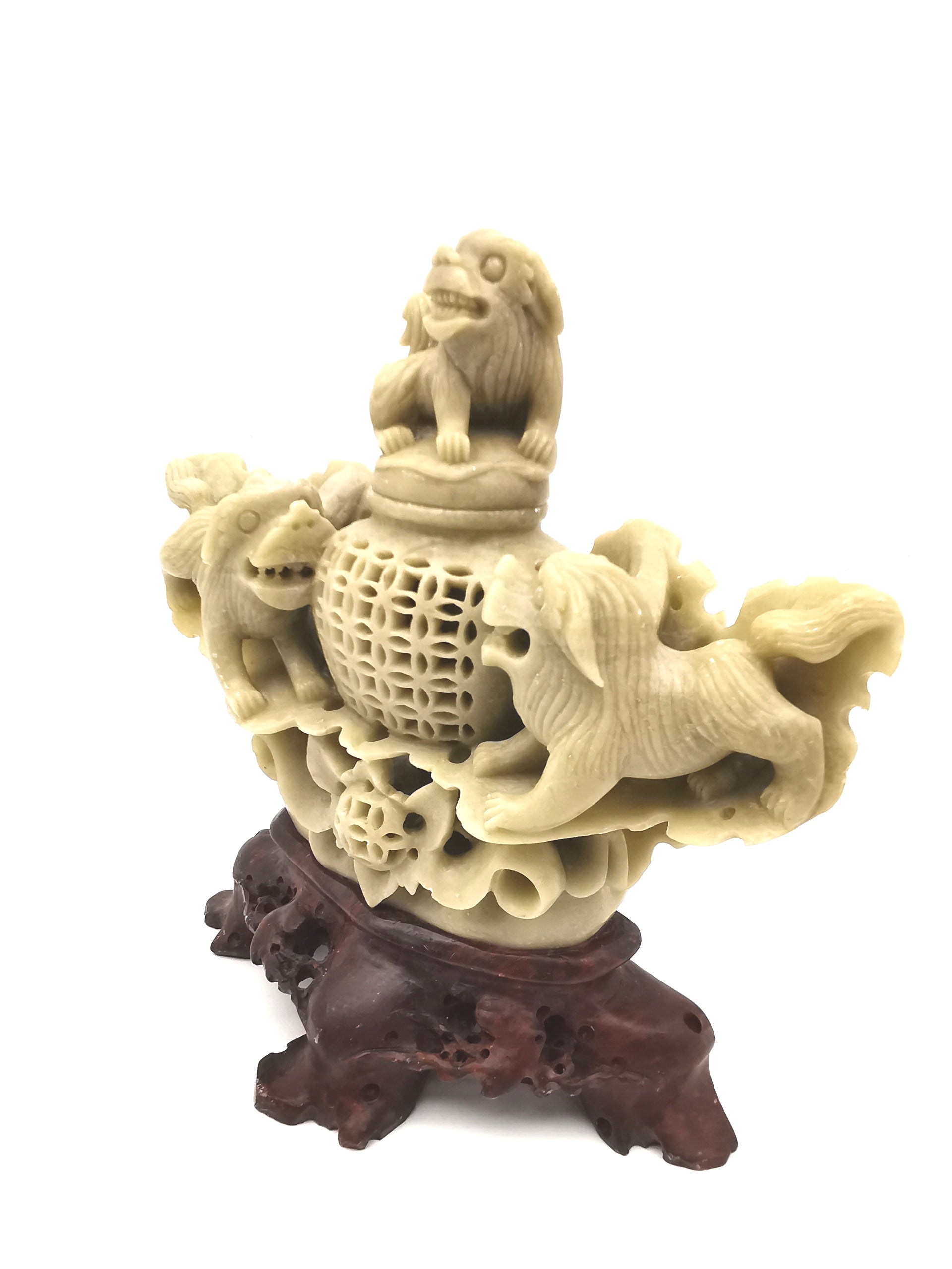 Vintage Chinese Hand-Carved Soapstone Foo Dog Incense Burner – 1.2kg Guardian Lion Censer