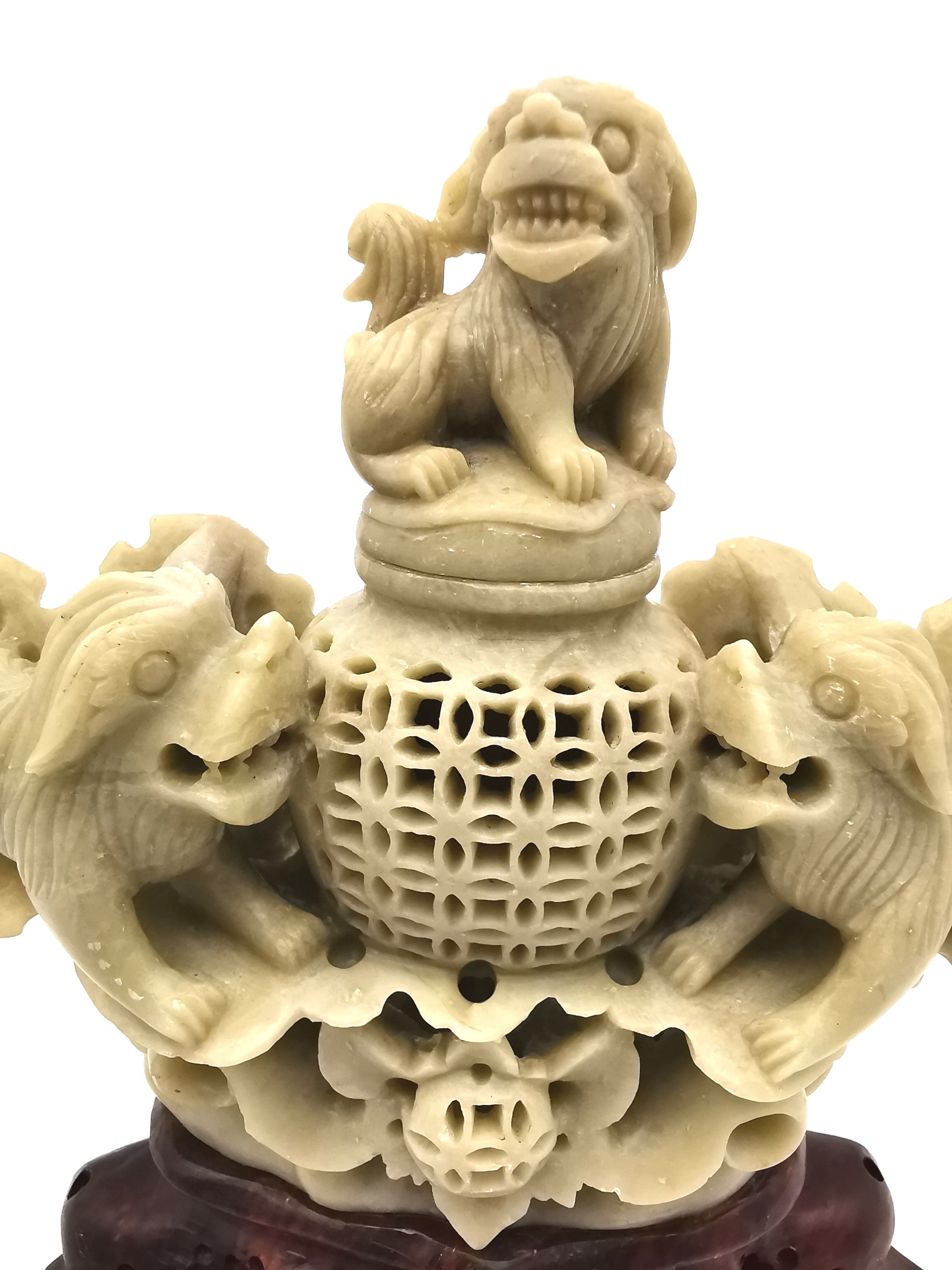 Vintage Chinese Hand-Carved Soapstone Foo Dog Incense Burner – 1.2kg Guardian Lion Censer