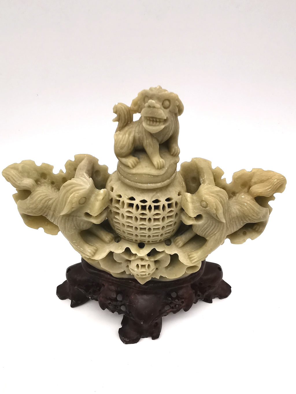 Vintage Chinese Hand-Carved Soapstone Foo Dog Incense Burner – 1.2kg Guardian Lion Censer