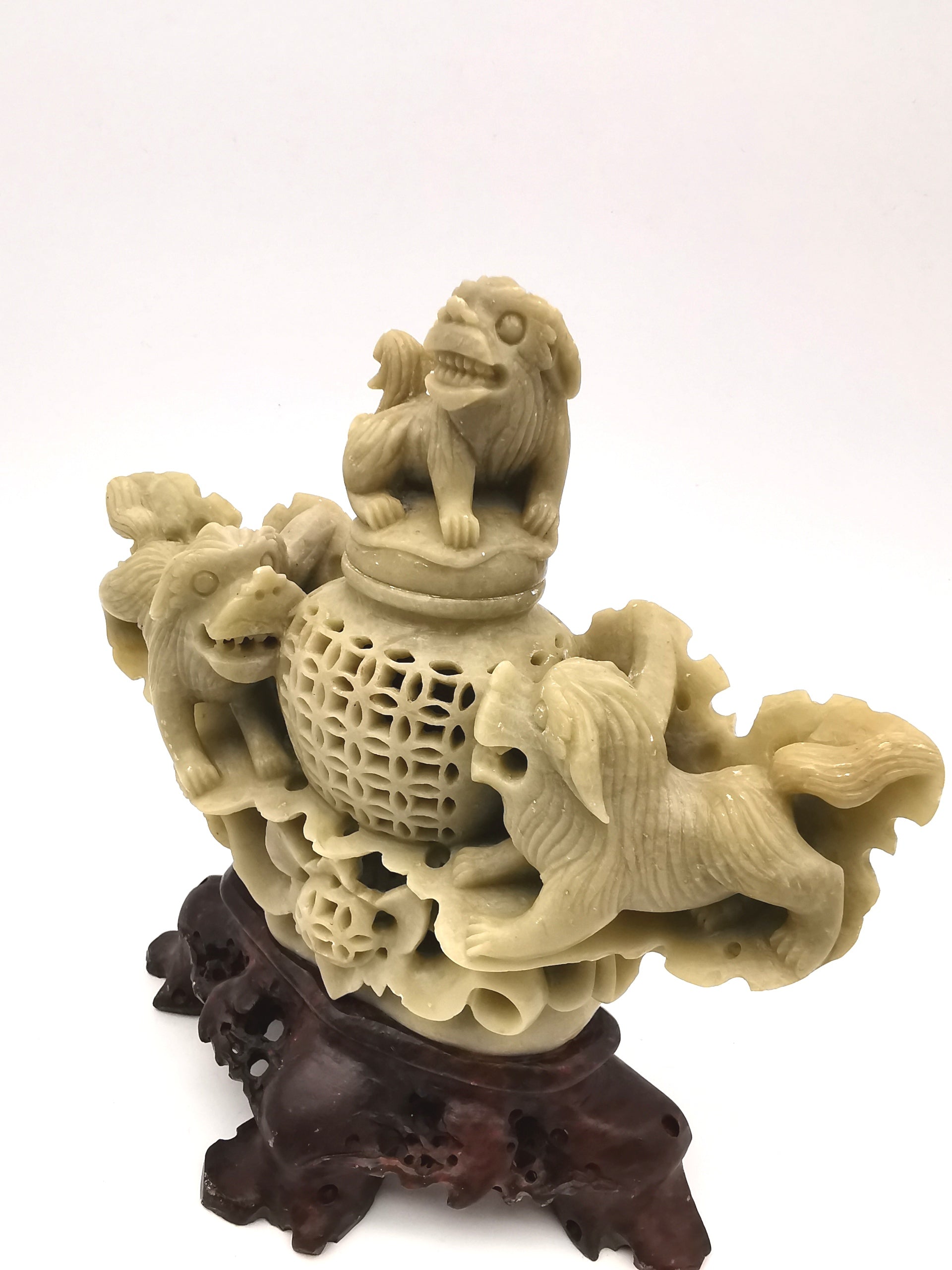 Vintage Chinese Hand-Carved Soapstone Foo Dog Incense Burner – 1.2kg Guardian Lion Censer