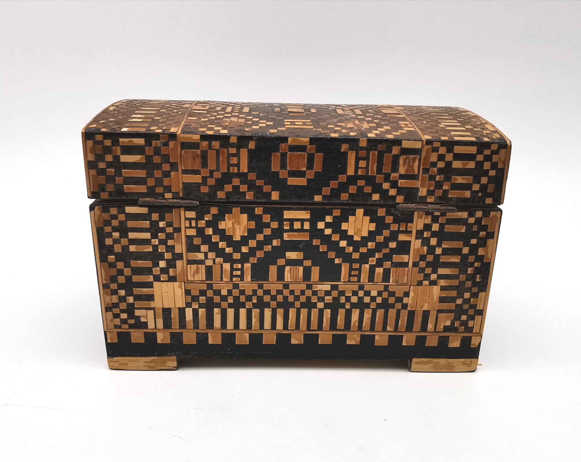 Vintage Straw Marquetry Domed Trinket Box, Intricate Geometric Mosaic Inlay