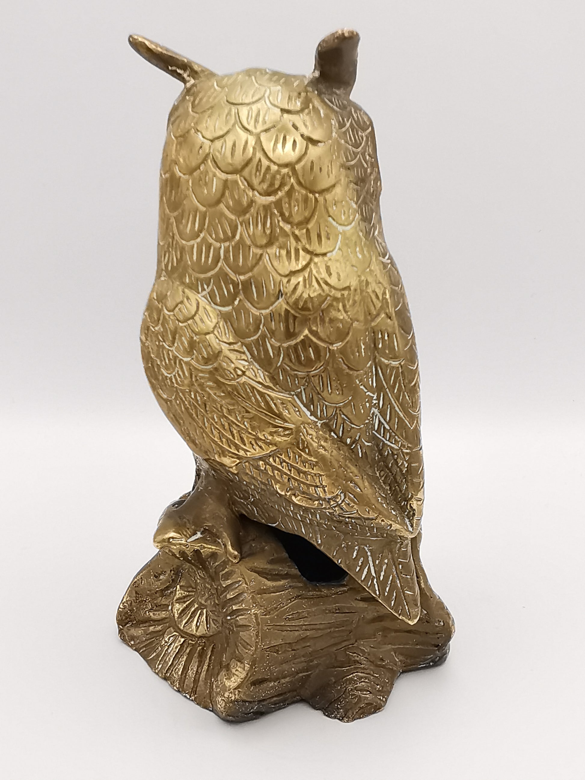 Vintage Mid-Century Brass Great Horned Owl Figurine On Log