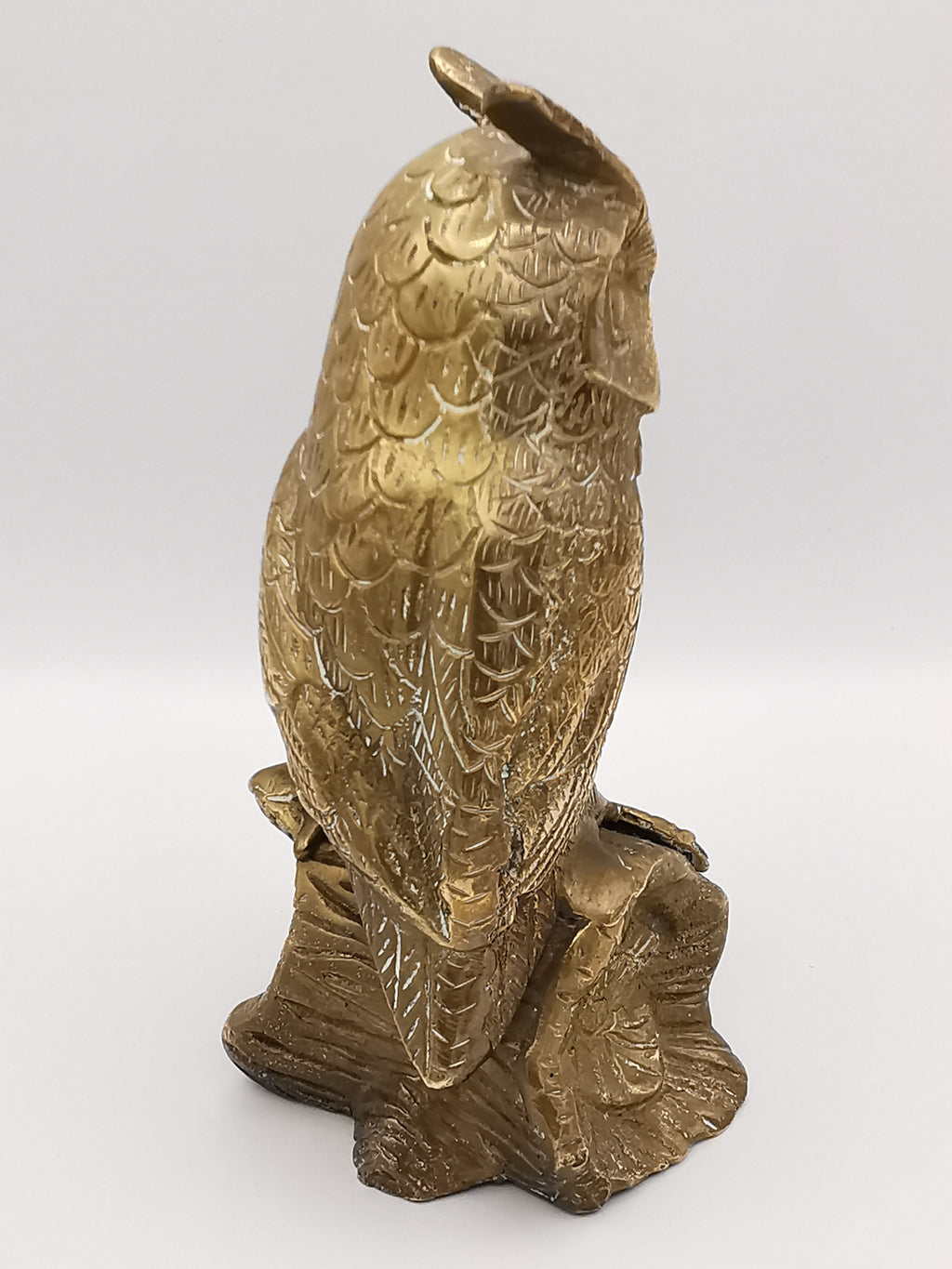Vintage Mid-Century Brass Great Horned Owl Figurine On Log