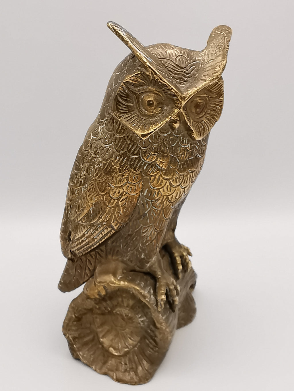 Vintage Mid-Century Brass Great Horned Owl Figurine On Log