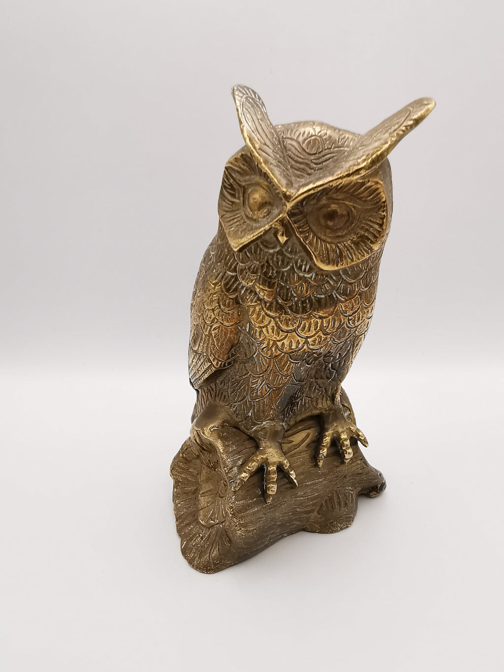 Vintage Mid-Century Brass Great Horned Owl Figurine On Log