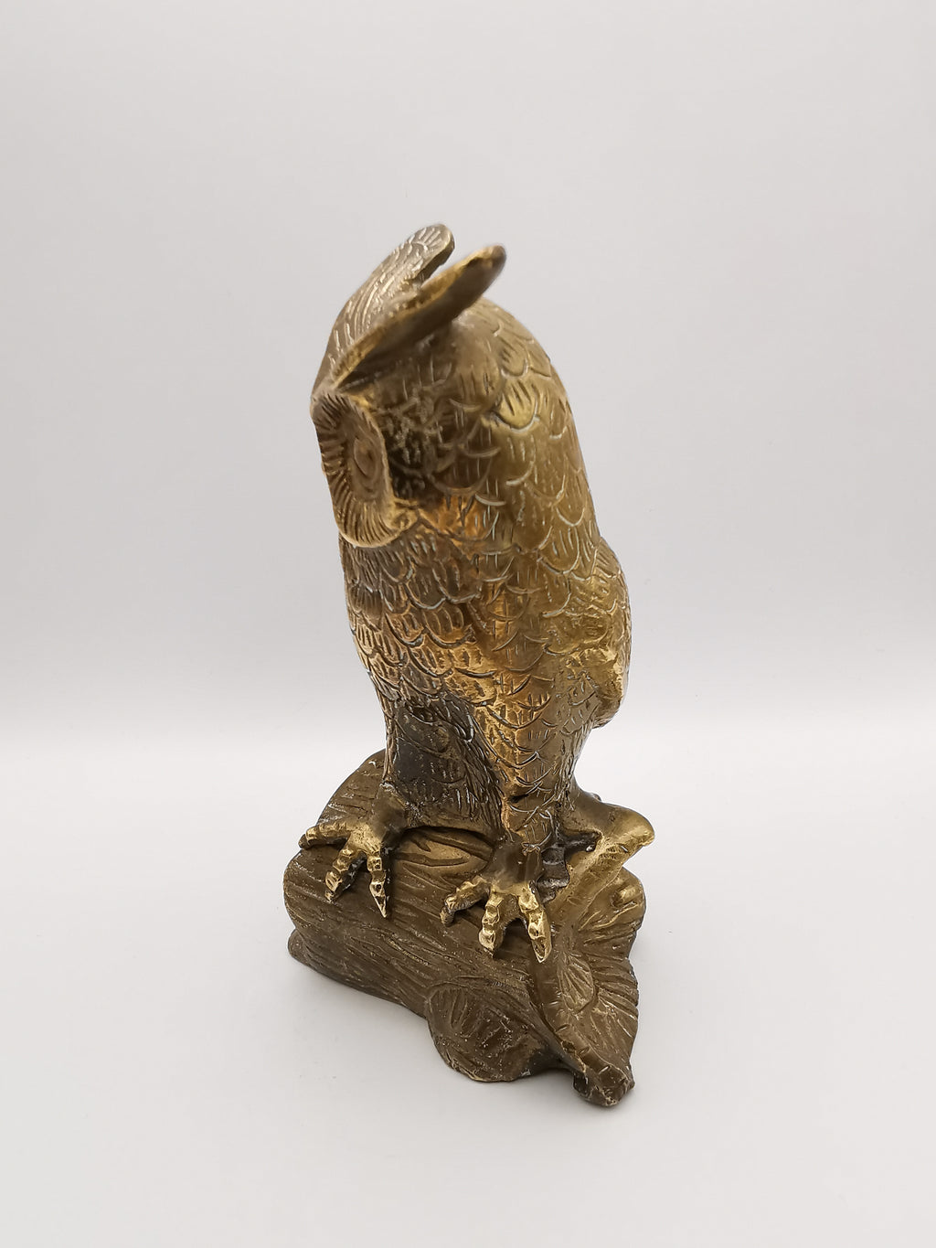Vintage Mid-Century Brass Great Horned Owl Figurine On Log