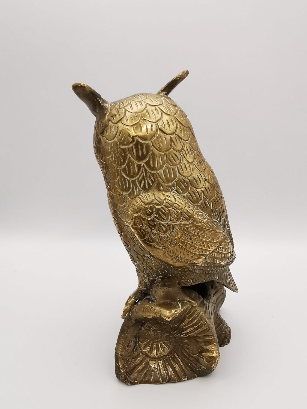 Vintage Mid-Century Brass Great Horned Owl Figurine On Log