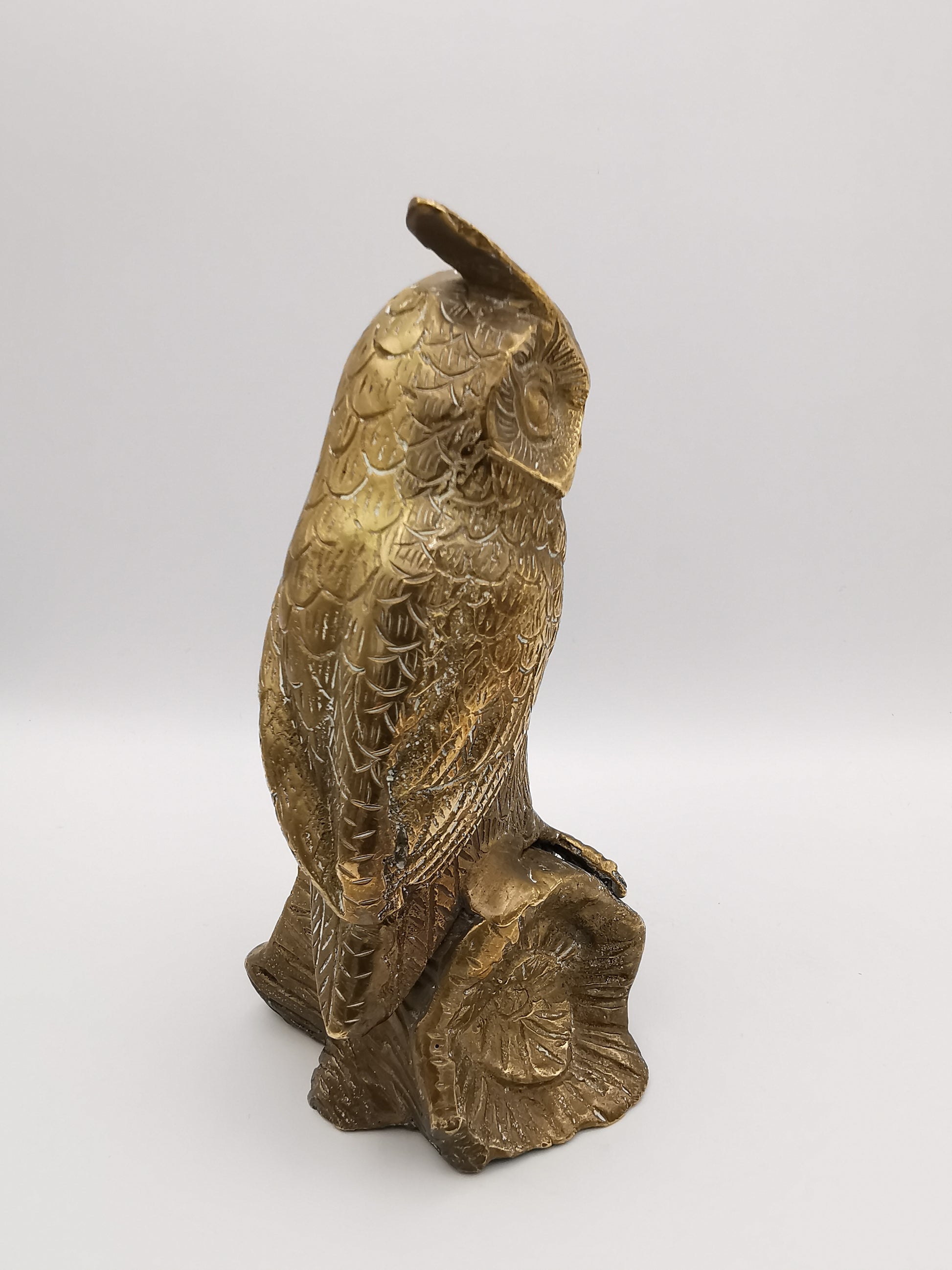 Vintage Mid-Century Brass Great Horned Owl Figurine On Log