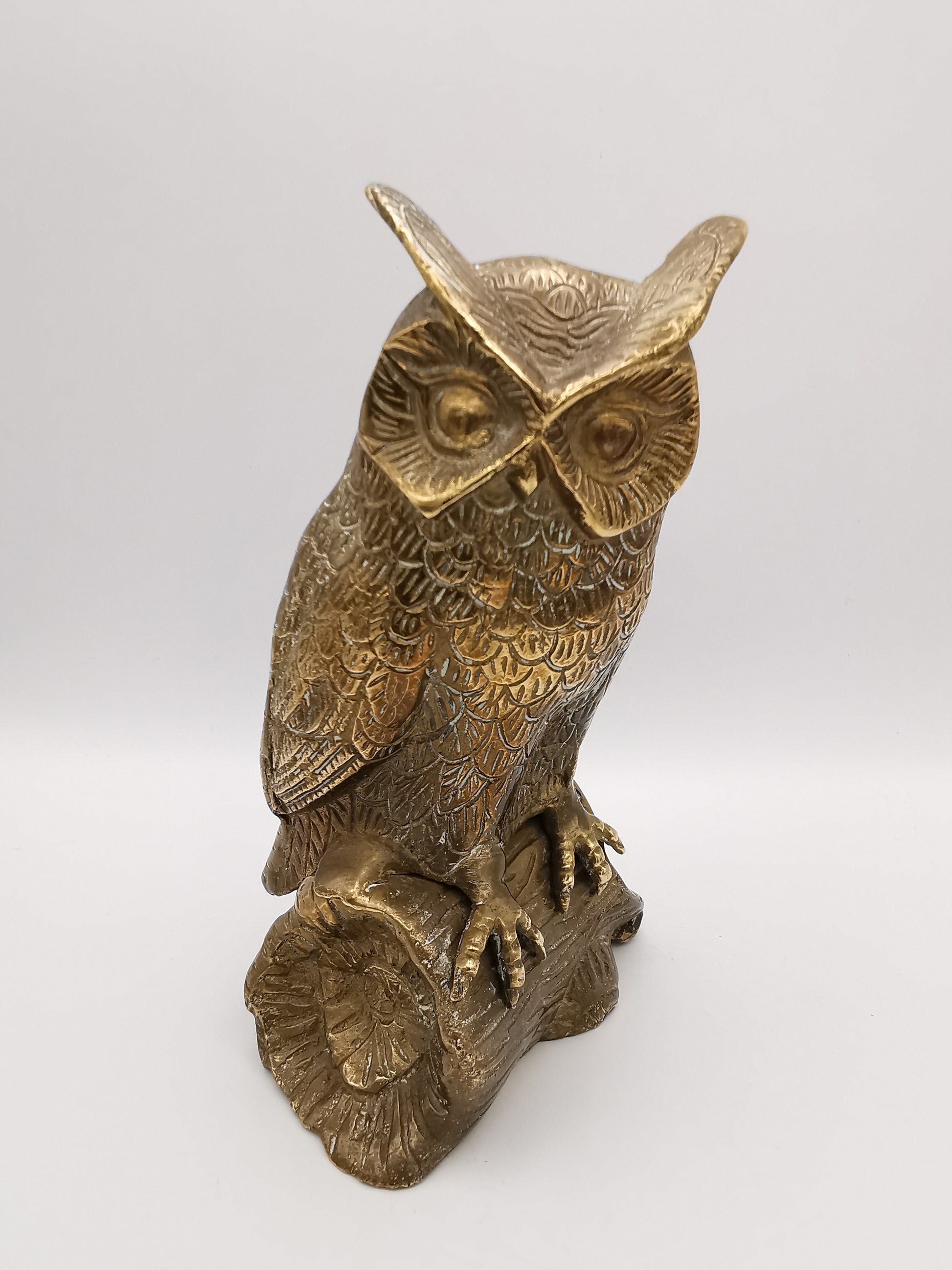 Vintage Mid-Century Brass Great Horned Owl Figurine On Log