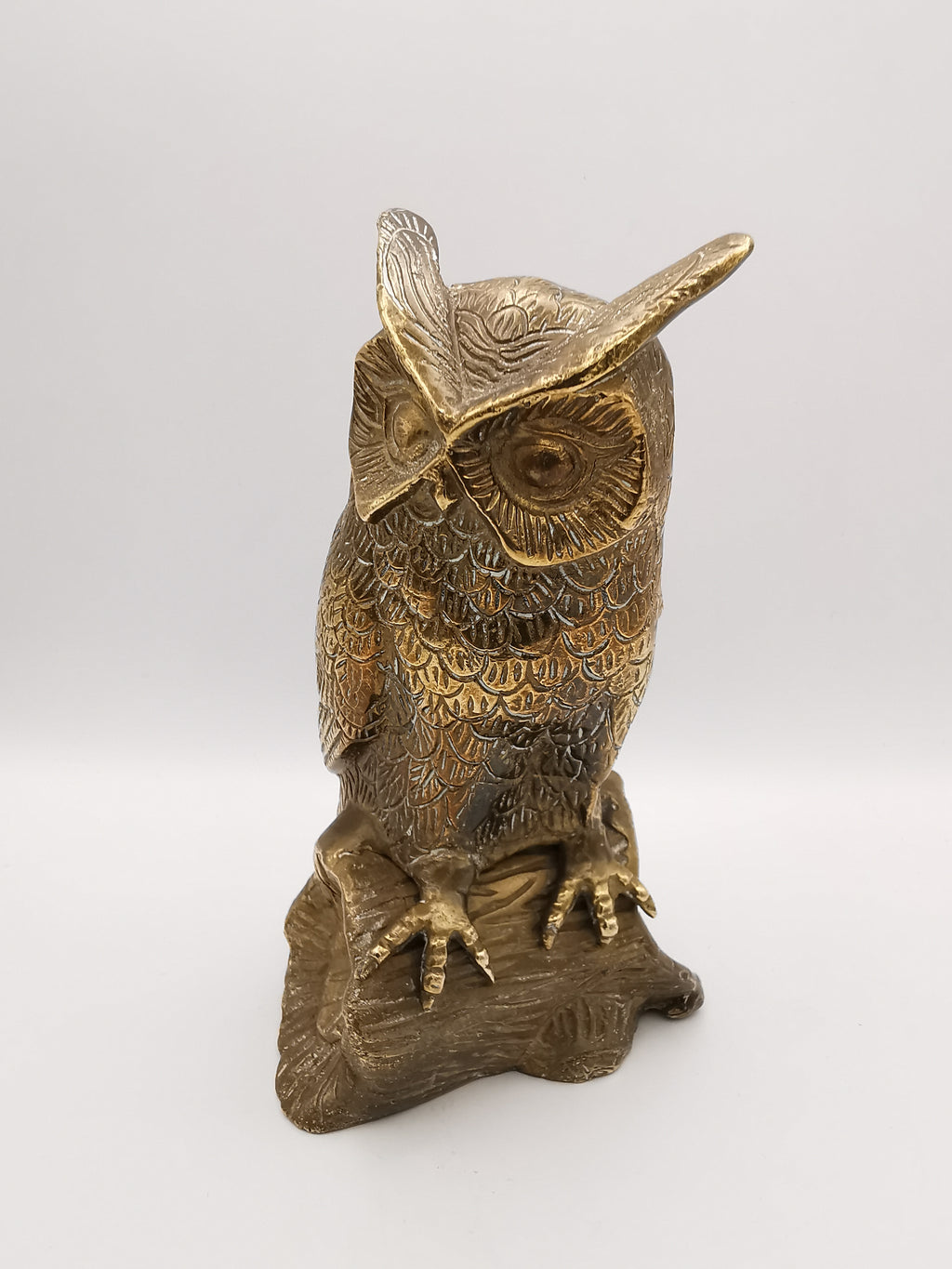 Vintage Mid-Century Brass Great Horned Owl Figurine On Log