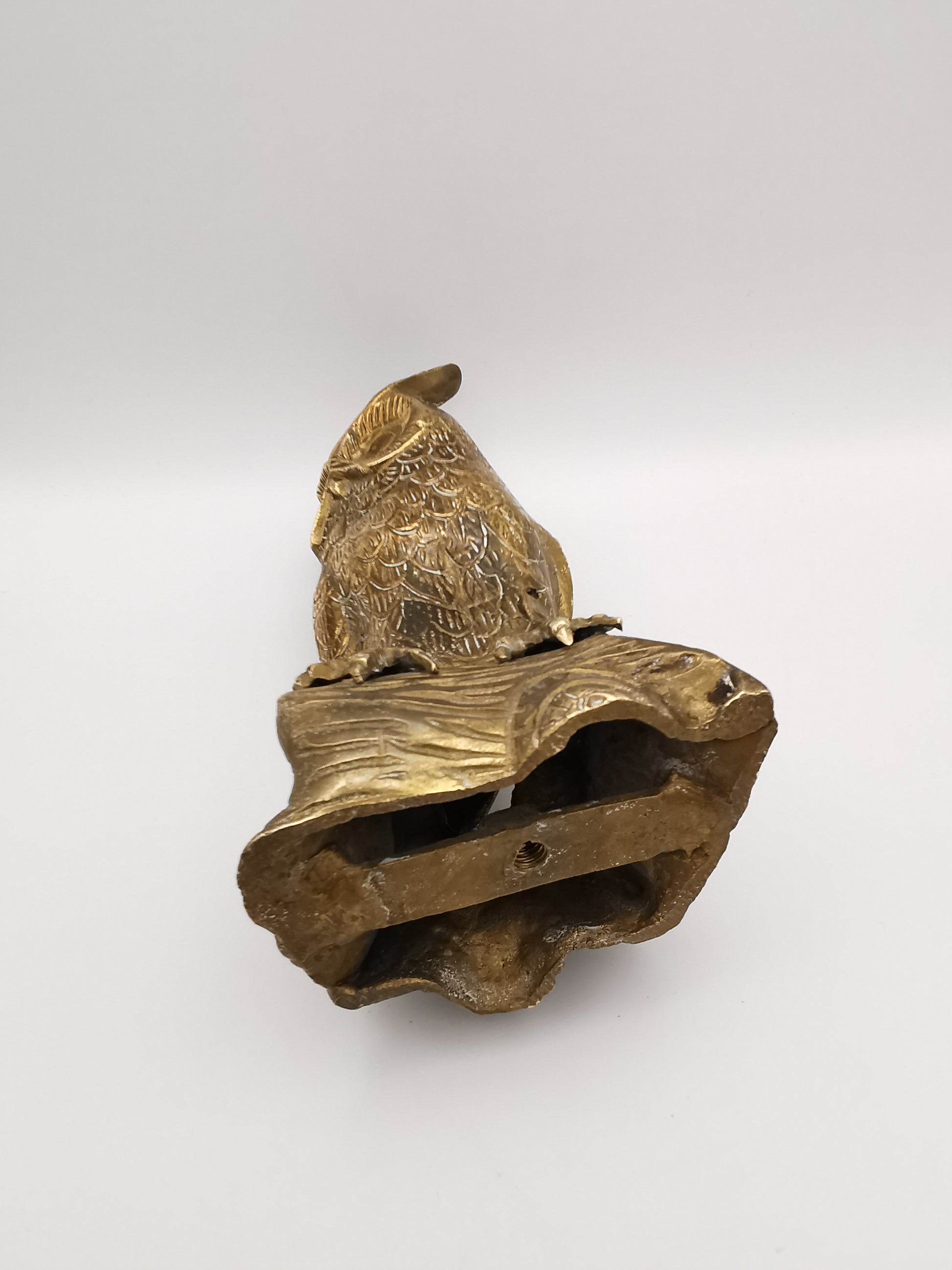 Vintage Mid-Century Brass Great Horned Owl Figurine On Log
