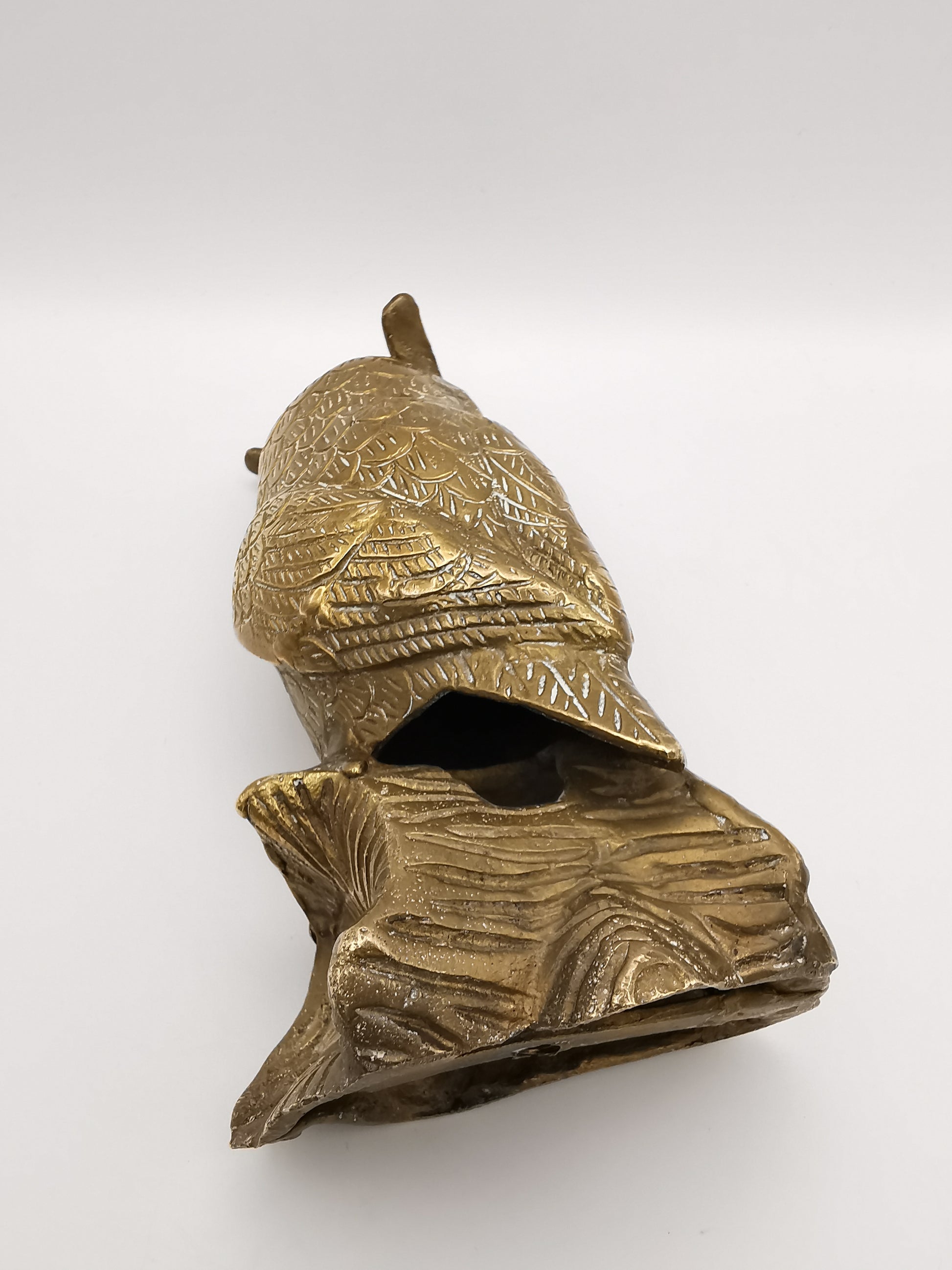 Vintage Mid-Century Brass Great Horned Owl Figurine On Log