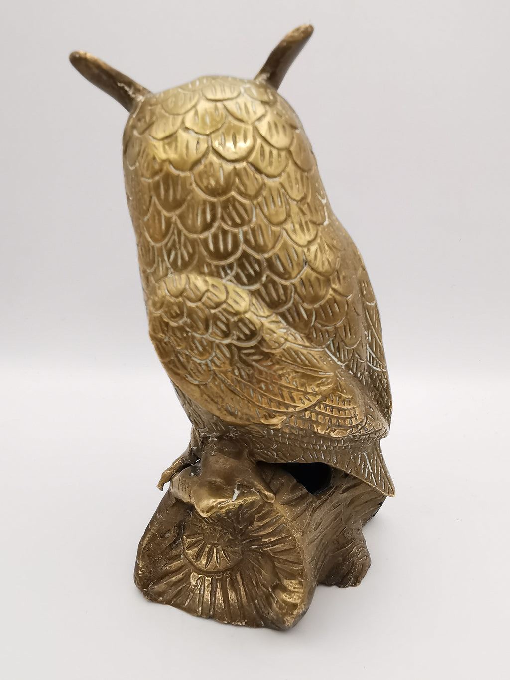 Vintage Mid-Century Brass Great Horned Owl Figurine On Log