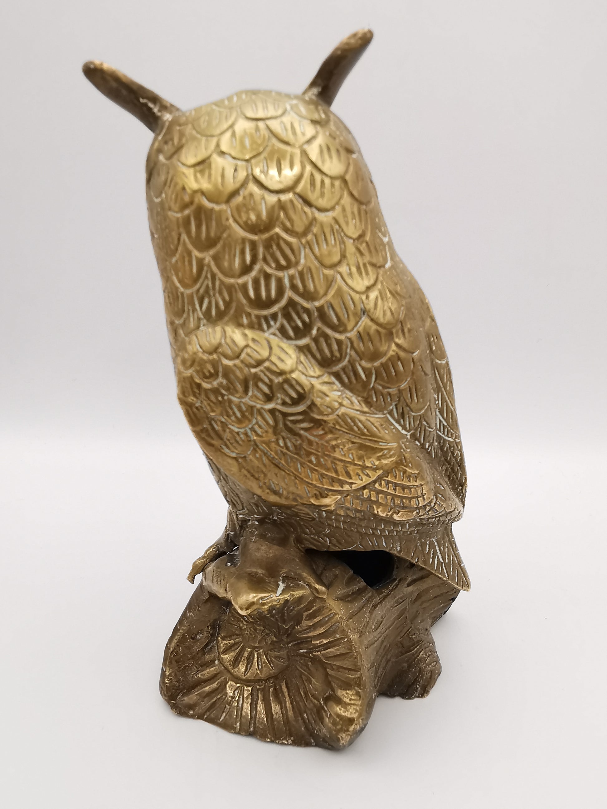 Vintage Mid-Century Brass Great Horned Owl Figurine On Log