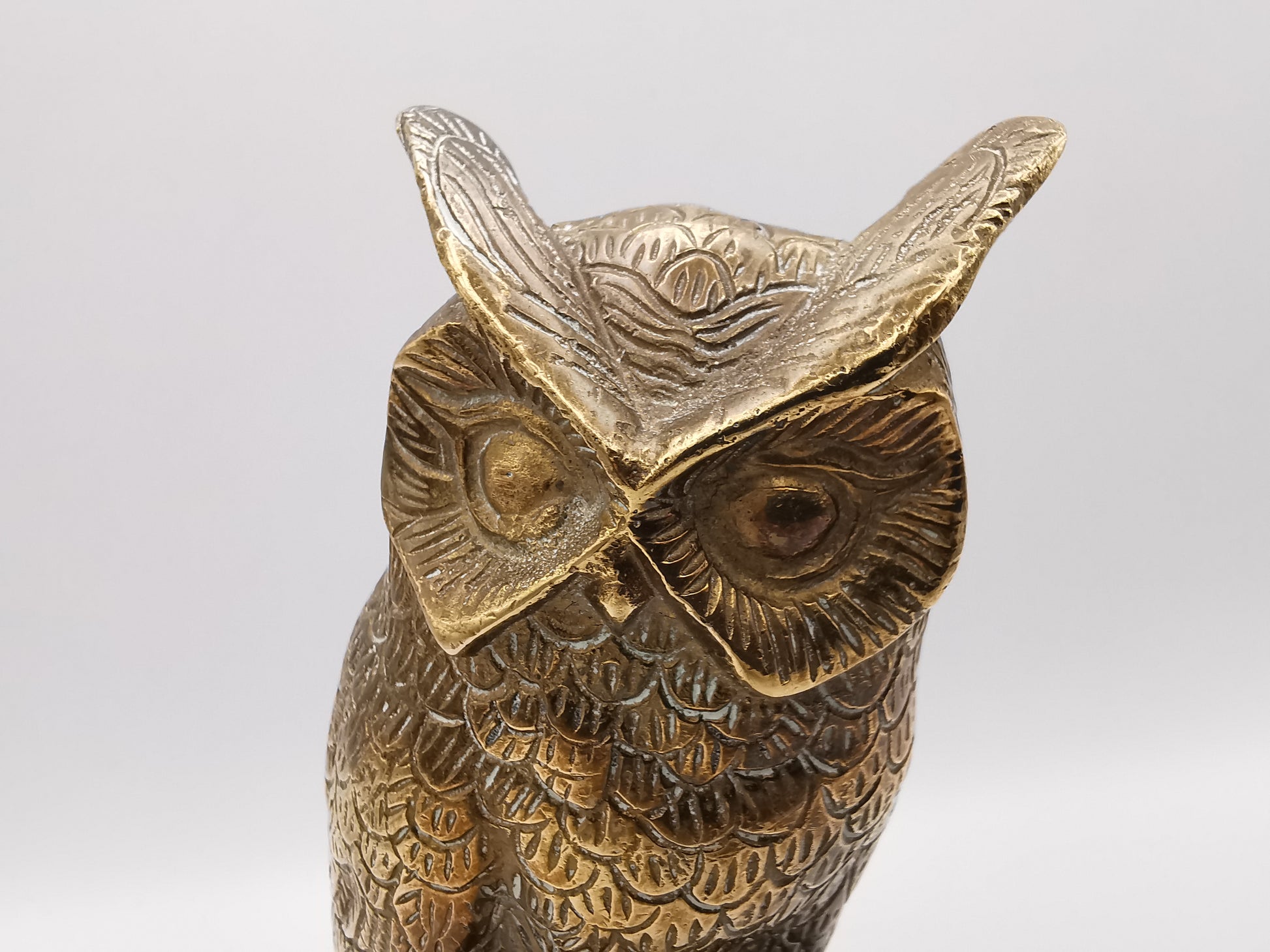 Vintage Mid-Century Brass Great Horned Owl Figurine On Log