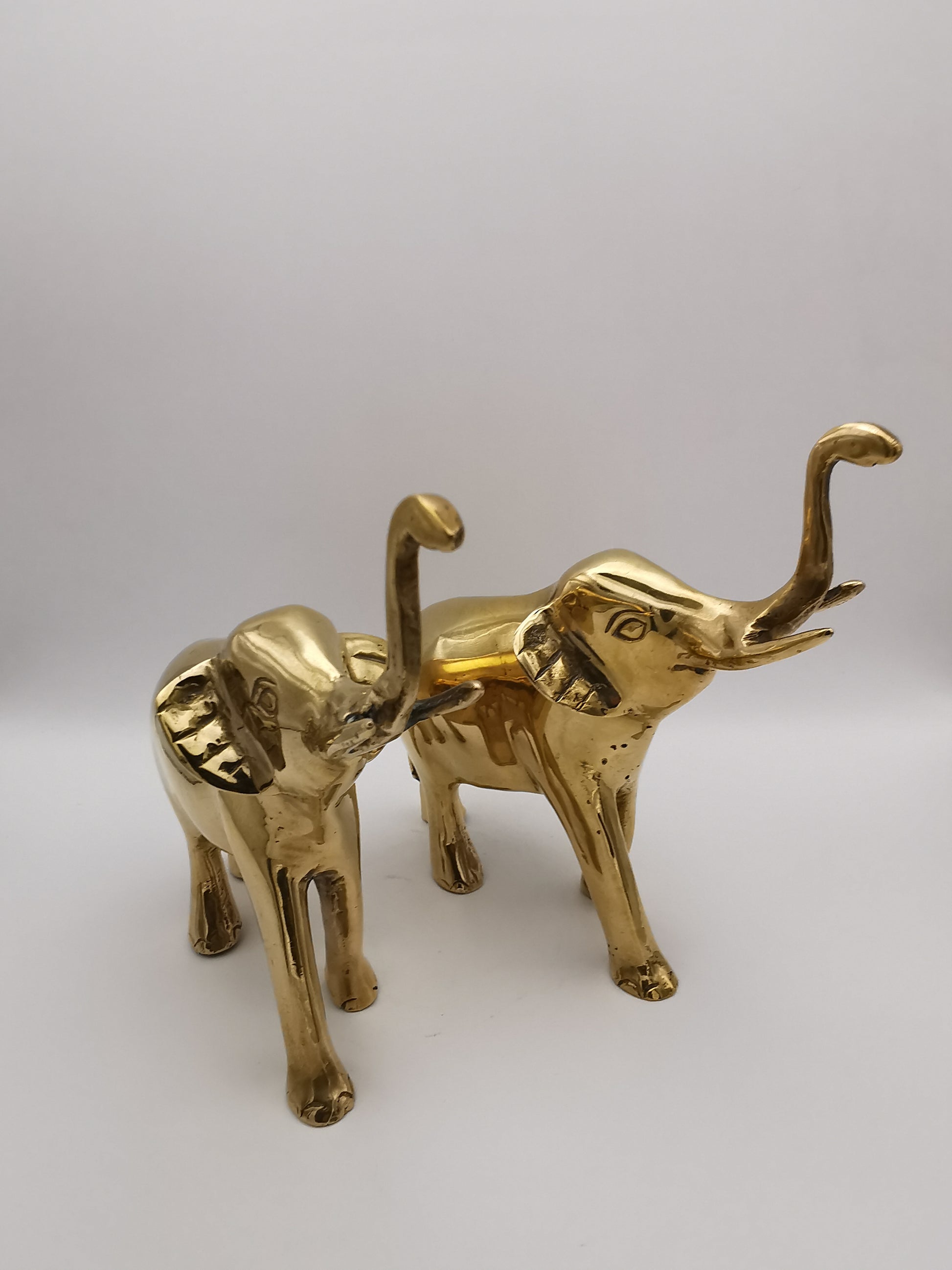 Vintage Solid Brass Elephant Figurines - Pair of Trunk-Up Good Luck Statues