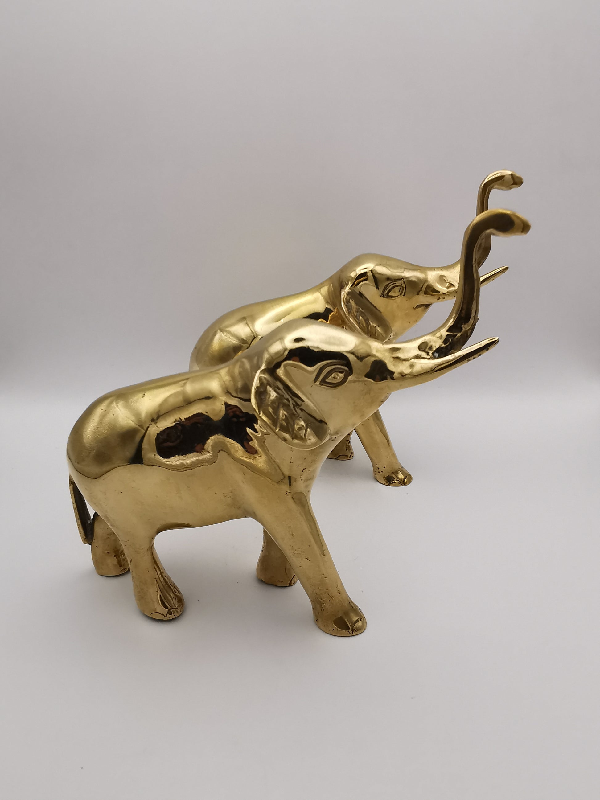 Vintage Solid Brass Elephant Figurines - Pair of Trunk-Up Good Luck Statues